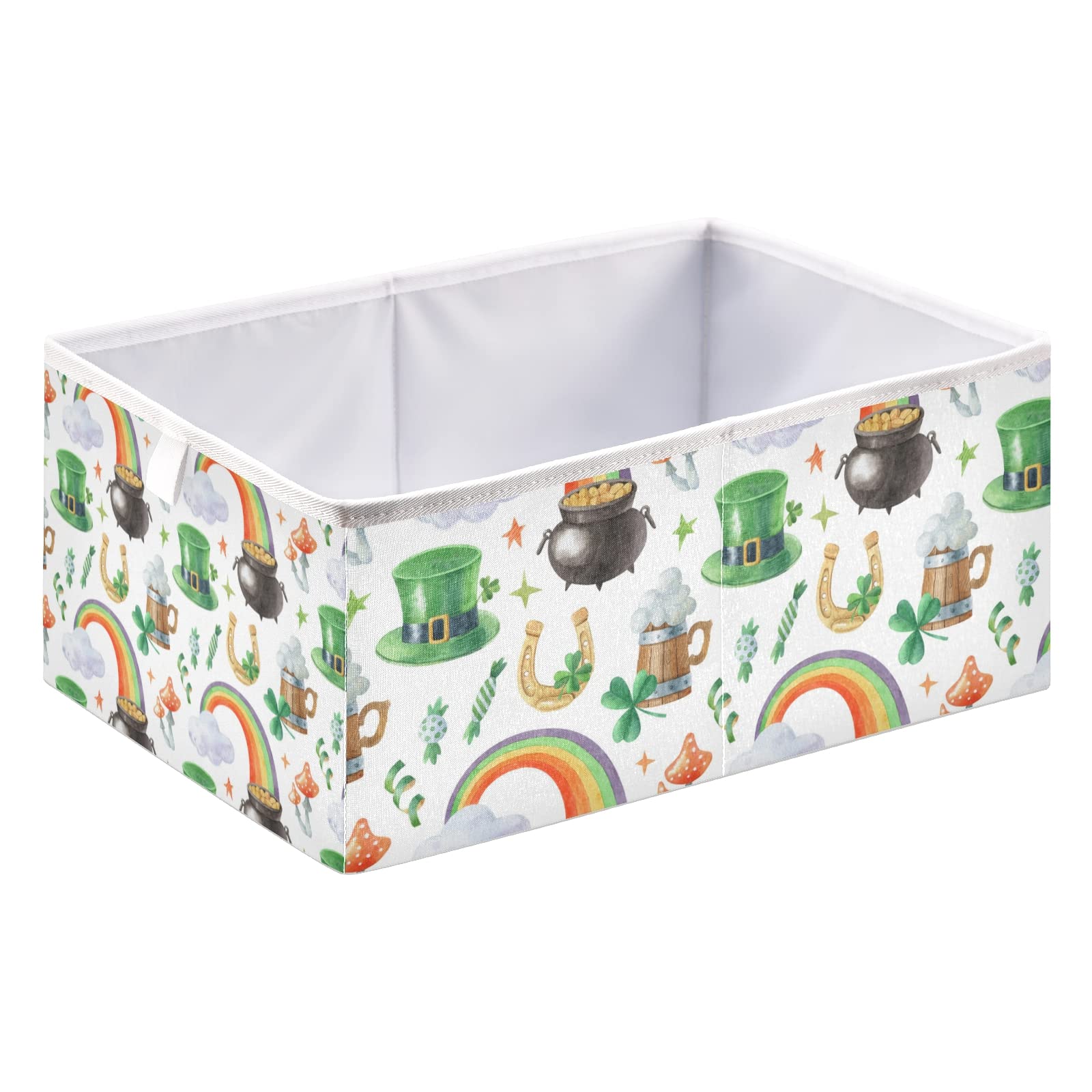 St. Patrick's Day Shamrock Leprechaun Hat Storage Basket - Collapsible Rectangular Bin with Pot of Gold & Rainbow Design | Foldable Nursery Organizer for Toys, Clothes | Easy to Assemble | Perfect for Holiday Decor, Kids' Room Storage & Party Supplies