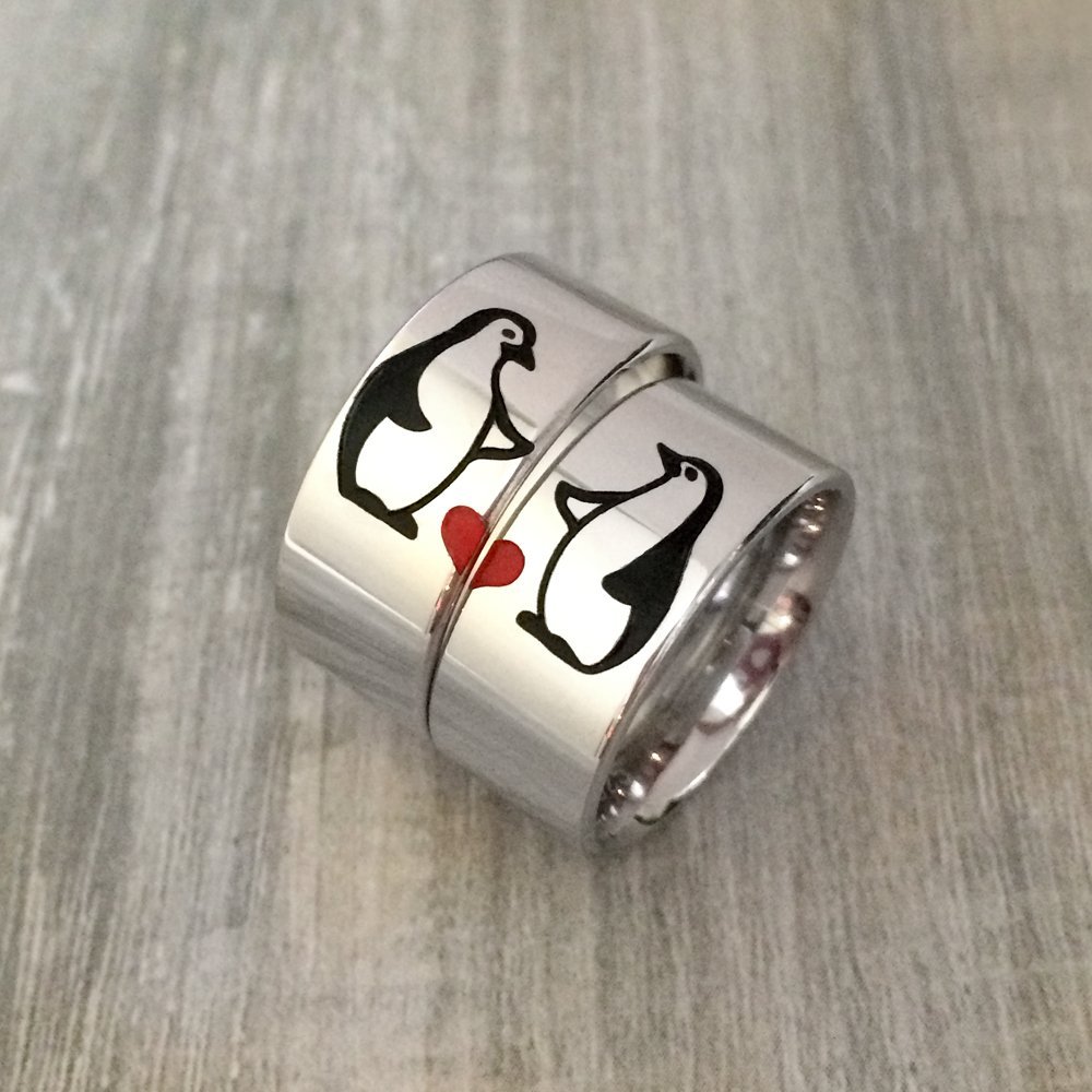 Silver Penguin Couple Rings Set - Matching Love Penguin Band Rings for Him & Her - Perfect for Anniversaries, Valentine's Day & Romantic Gifts