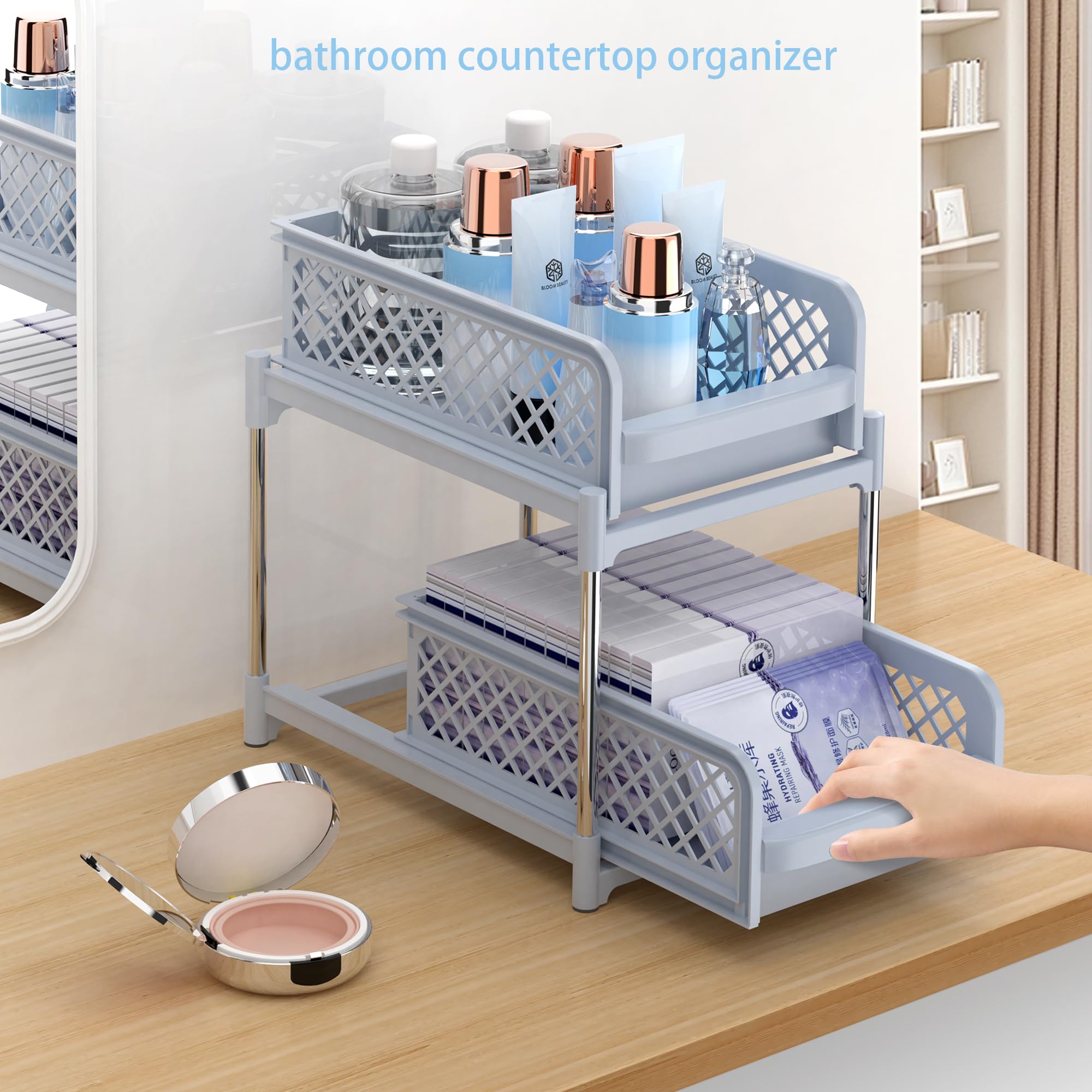 Under Sink Organizer 2-Tier Pull Out Cabinet Storage - Space Saving Bathroom & Kitchen Countertop Organizer (Grey, XL) - Perfect for Small Spaces Under Sink, Bathroom Vanity & Kitchen Cabinets