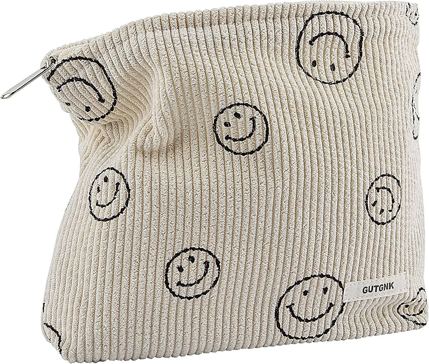 Corduroy Makeup Bag for Women - Small Aesthetic Cosmetic Organizer with Smile Dots Design, Travel Toiletry Pouch (Beige, 25x5x18cm) | Perfect for Daily Makeup Storage, Travel Essentials & Gift for Girls