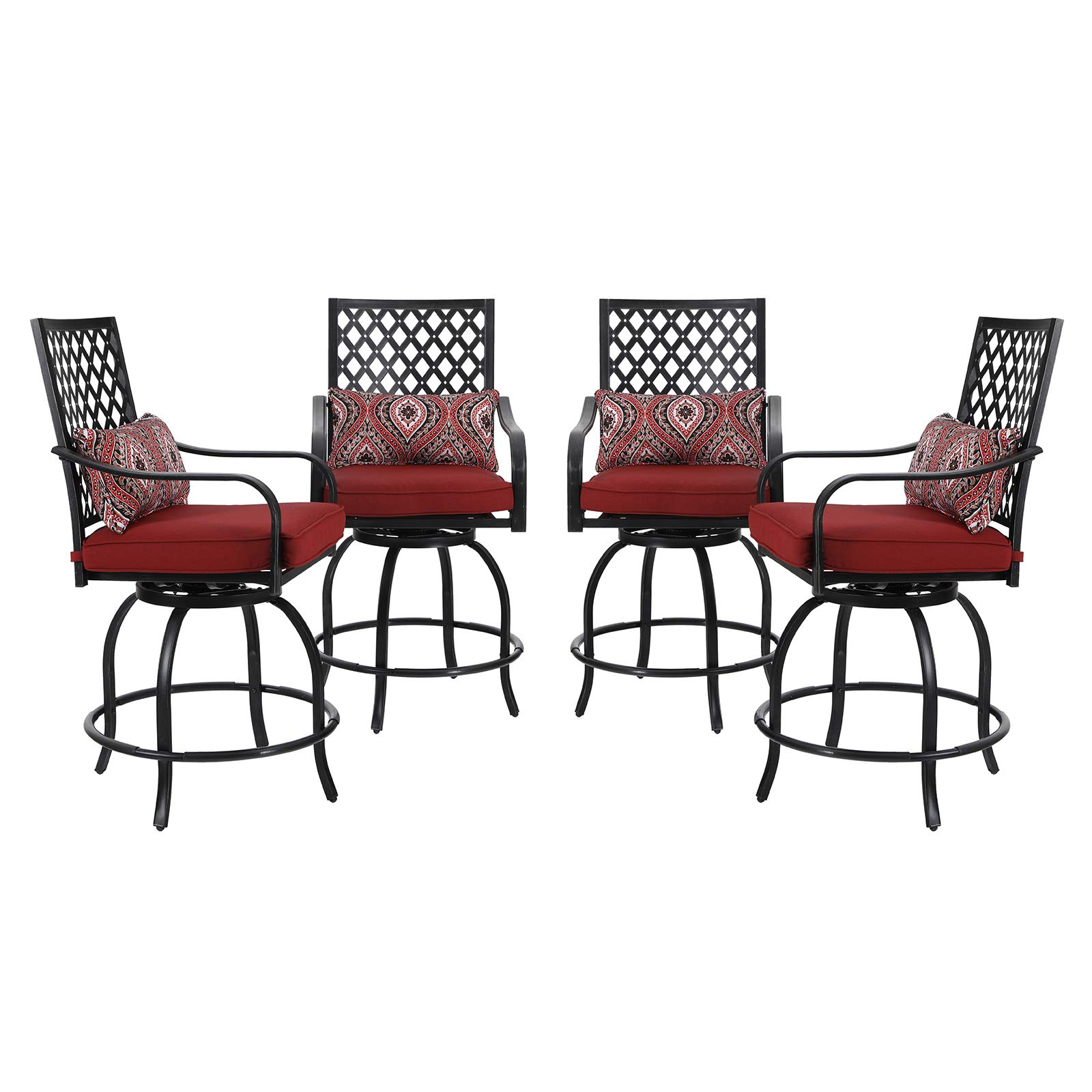 PHI VILLA 4-Piece Outdoor Swivel Bar Stool Set - All-Weather Metal Bar Height Patio Chairs with Cushions & Armrests - Red Garden Furniture for Backyard, Poolside & Bistro Dining