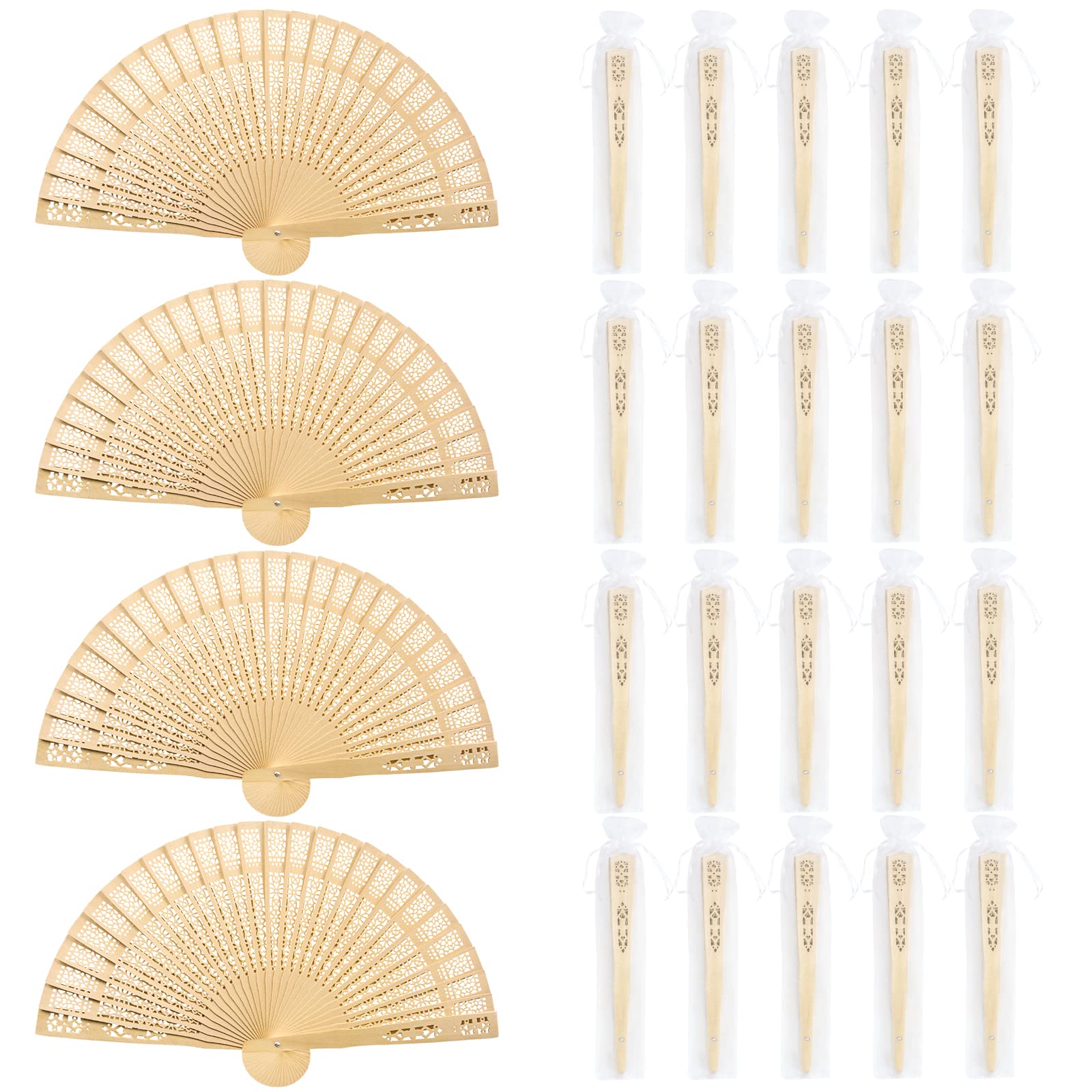 24PCS 8 Inch Wooden Folding Hand Fans for Women - Elegant Gold Wedding Fans with Gift Bag - Perfect for Bridal Showers, Baby Showers, Beach Parties & Summer Events