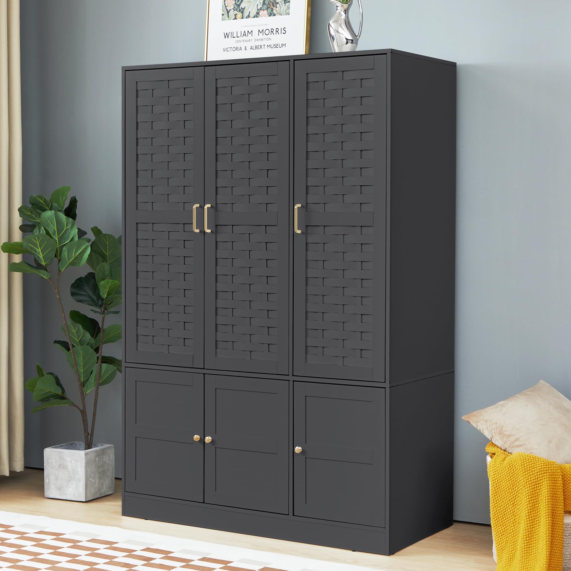 LEVNARY 6-Door Woven Wardrobe Closet - Walnut Armoire Cabinet with Adjustable Shelves & Hanging Rail | High-Capacity Freestanding Bedroom Storage | Perfect for Small Spaces & Apartment Organization (Black)