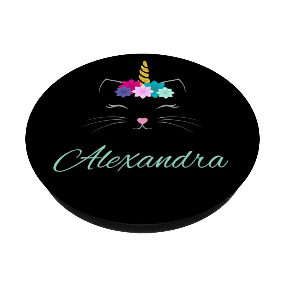 Personalized Alexandra Name Gift - Cat & Unicorn Design PopSockets Phone Grip and Stand for iPhone, Samsung, Tablets - Perfect for School, Work, Travel Accessories