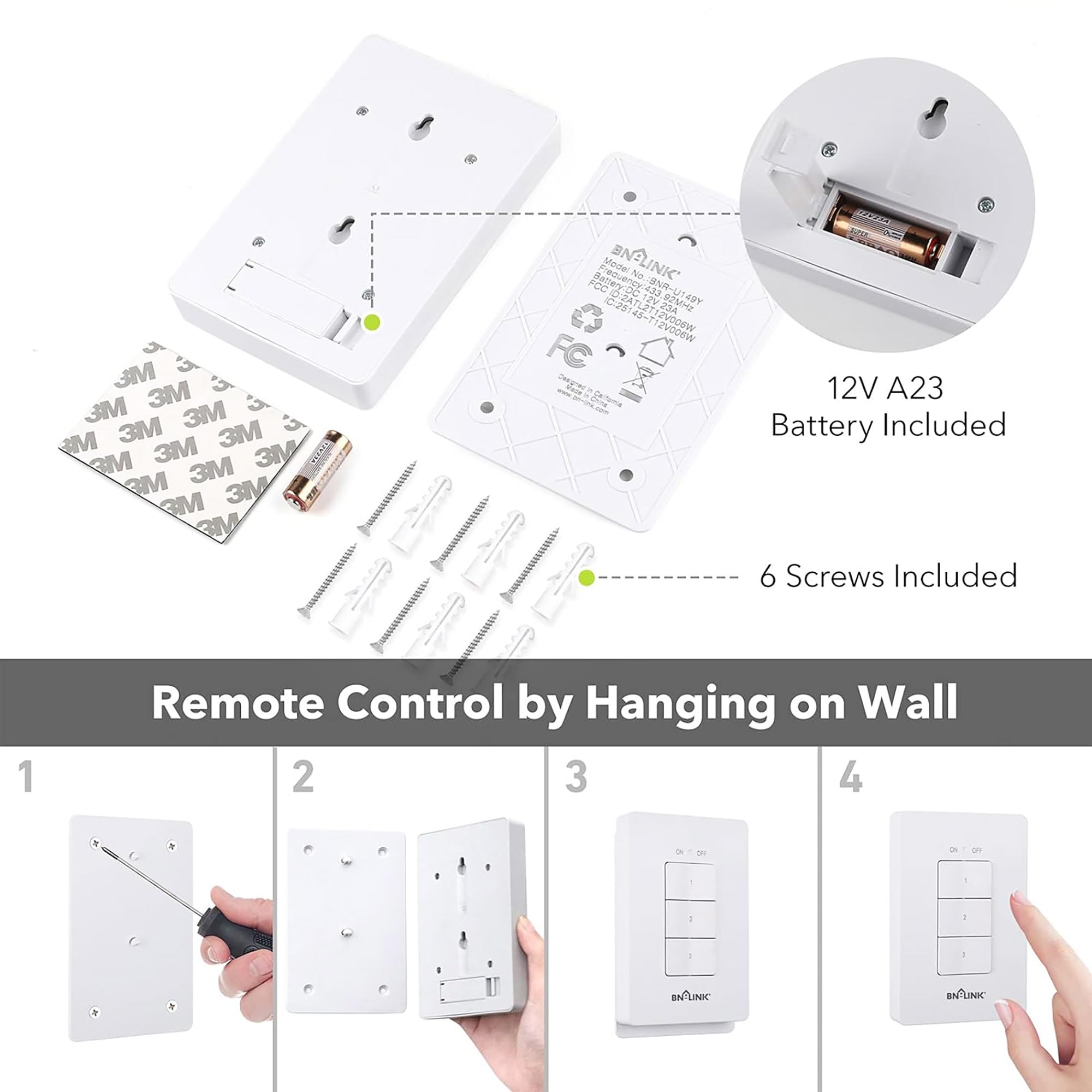 BN-LINK Mini Wireless Wall-Mount Remote Control Outlet Switch - 3 Outlet Power Plug for Home Appliances, Lights, LED Bulbs - White | Perfect for Bedroom, Living Room & Home Automation