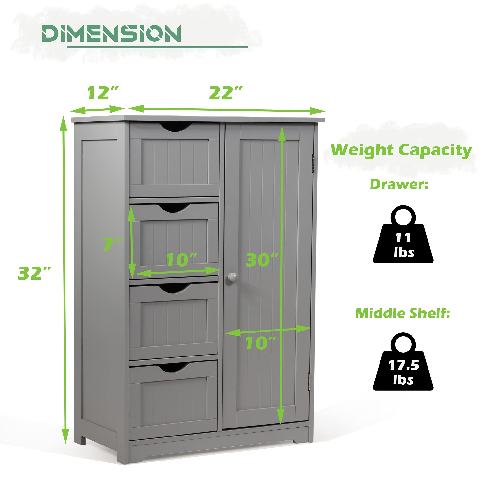 GLACER 4-Drawer Bathroom Storage Cabinet with Door - Wooden Floor Organizer for Bathroom, Living Room, Kitchen - 22 x 12 x 32 Inches, Grey | Space-Saving Solution for Towels, Toiletries & Home Essentials