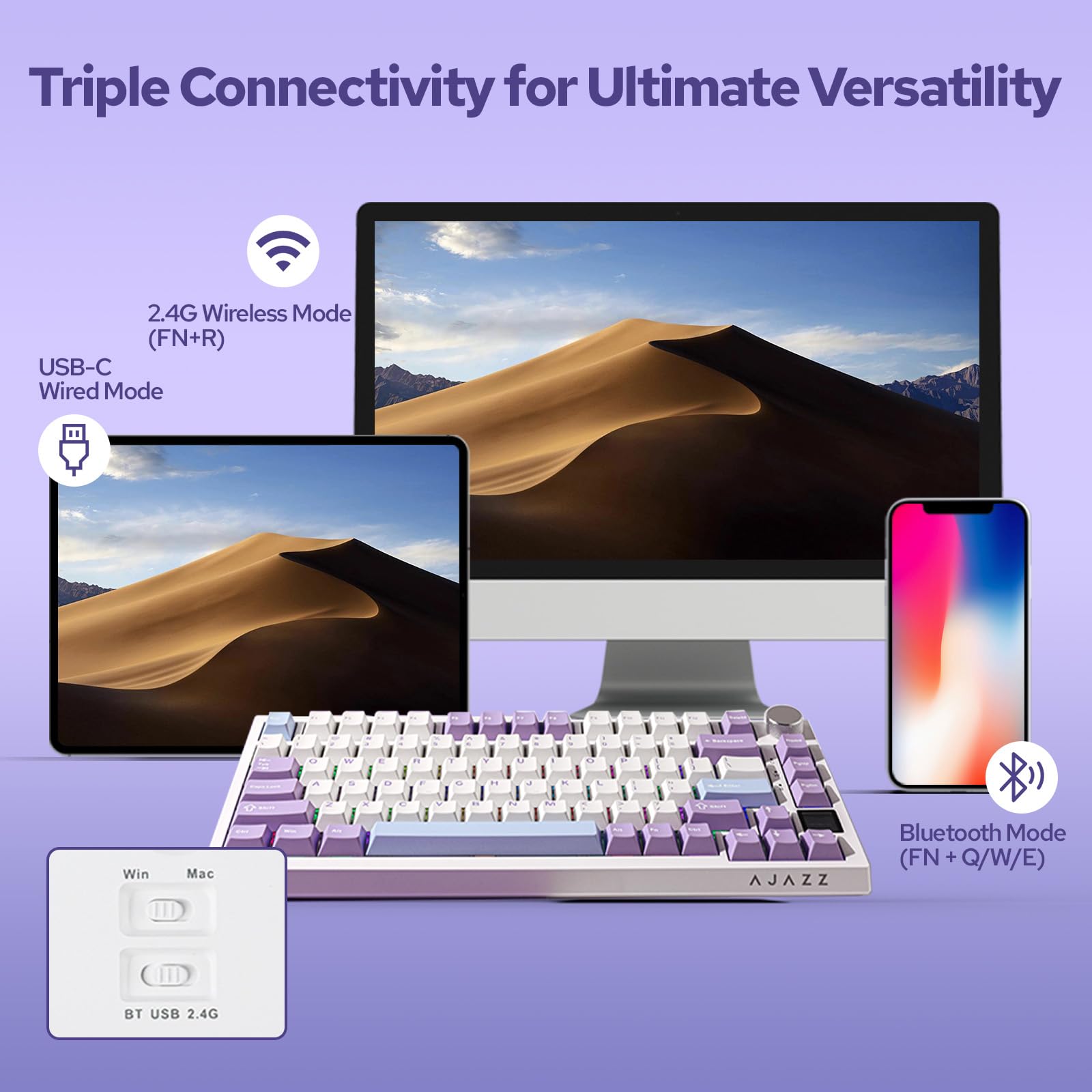 EPOMAKER Ajazz AK820 Pro 75% Gasket-Mounted Wireless Mechanical Keyboard with TFT Screen - Bluetooth 5.1/2.4G/USB-C, RGB Backlit, Sound Dampening Foam (White Purple, Flying Fish Switch) - Perfect for Gaming, Office Work & Typing Enthusiasts