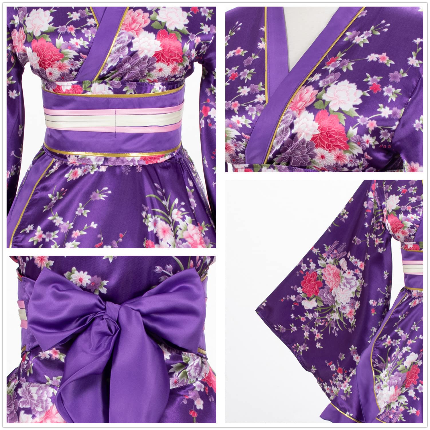 Japanese Anime Women's Dance Kimono Robe with Silk Folding Fan & Tabi Socks Set - Traditional Cosplay Costume for Halloween, Stage Performance and Themed Parties