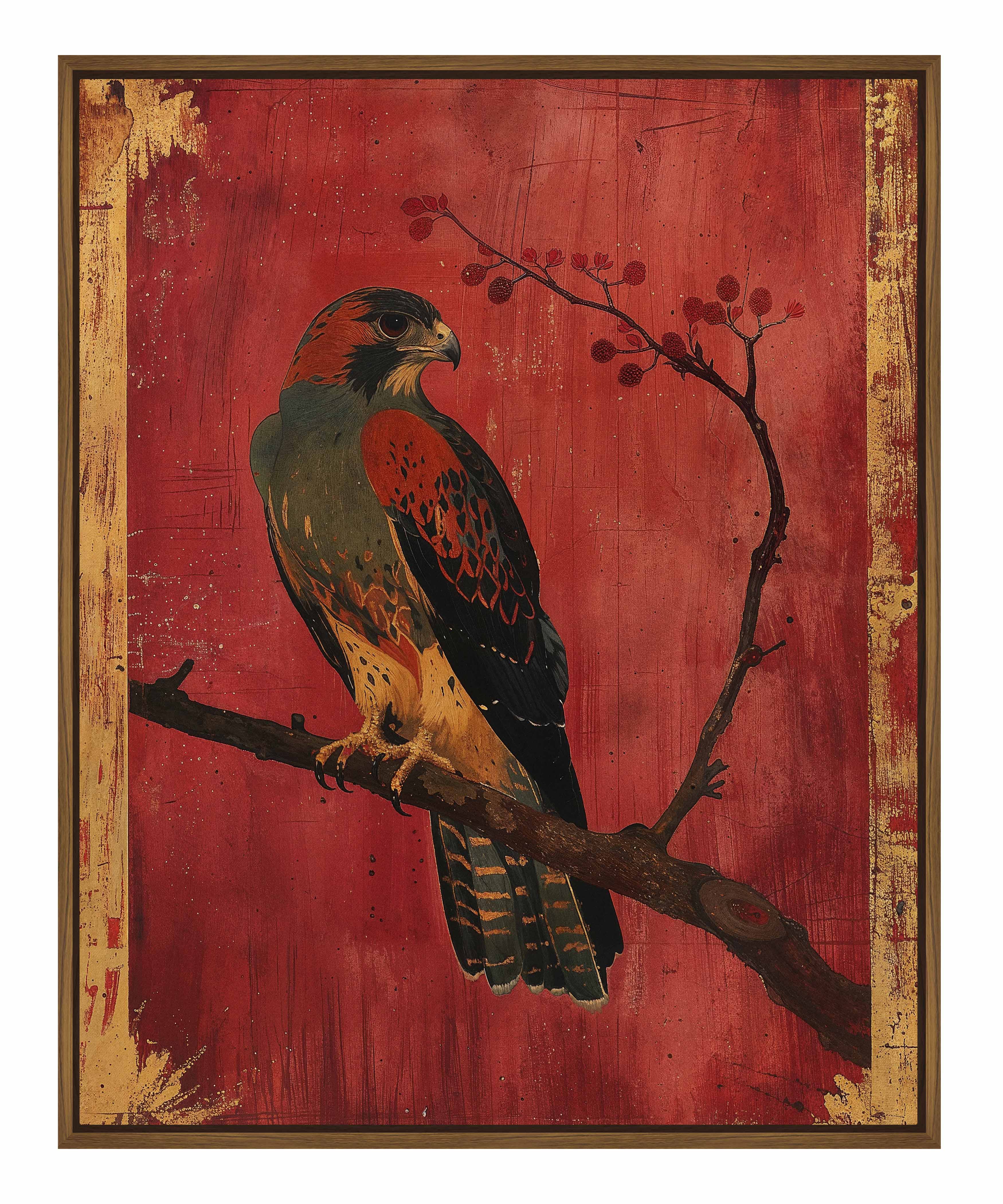 Crimson Majesty Falcon of the Silk Road Wall Art - Handmade Gallery Wrapped Canvas Painting for Living Room, Bedroom & Office Decor