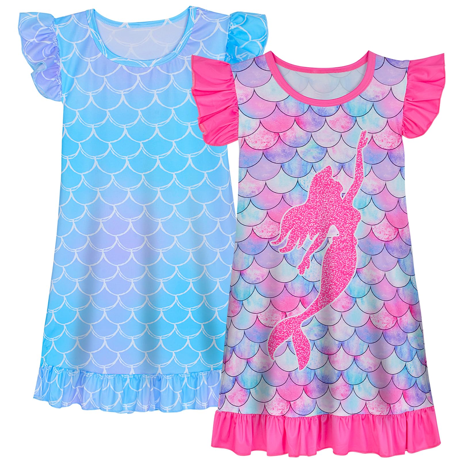 2-Pack Unicorn & Mermaid Princess Nightgowns for Girls 3-9 Years | Soft Toddler Sleepwear Pajama Set | Perfect for Bedtime, Sleepovers & Birthday Gifts