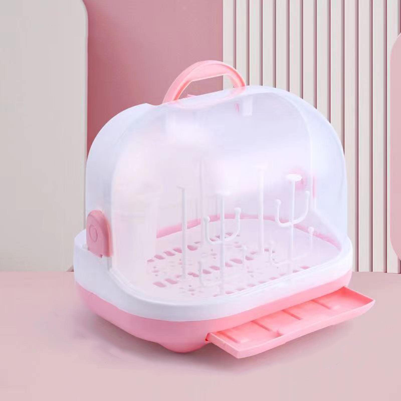RUNLAIKEJI Baby Bottle Drying Rack & Storage Organizer with Cover - Large Anti-Dust Nursing Bottle Holder, Dish Organizer with Drain Board & Carry Handle - Perfect for Nursery, Kitchen Countertop & Travel Use