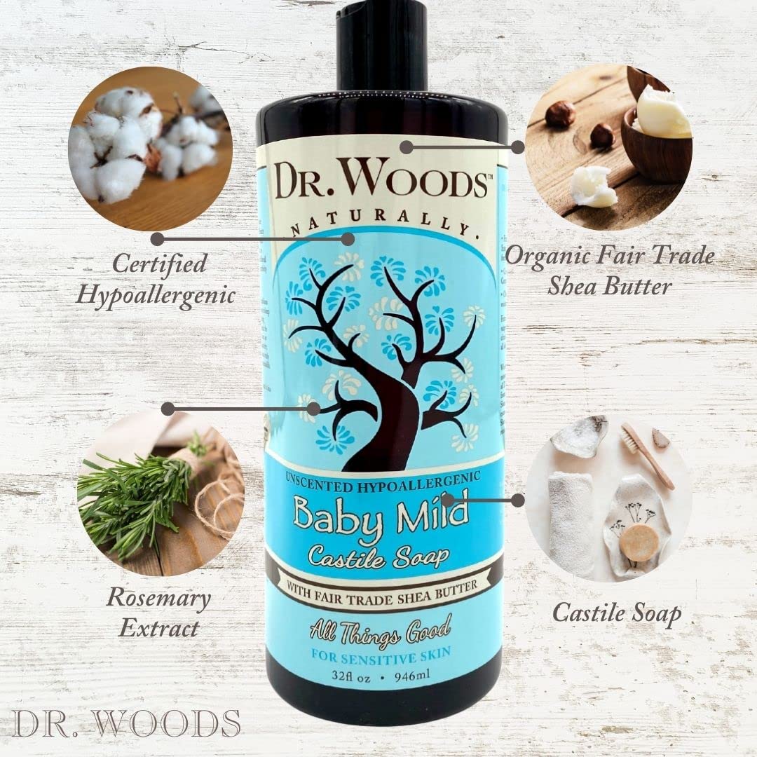 Dr. Woods Unscented Baby Mild Liquid Castile Soap with Organic Shea Butter, 32 oz - Gentle Cleansing for Baby Skin, Face & Body Wash, Hypoallergenic & Vegan - Perfect for Sensitive Skin, Newborns & Eco-Friendly Families