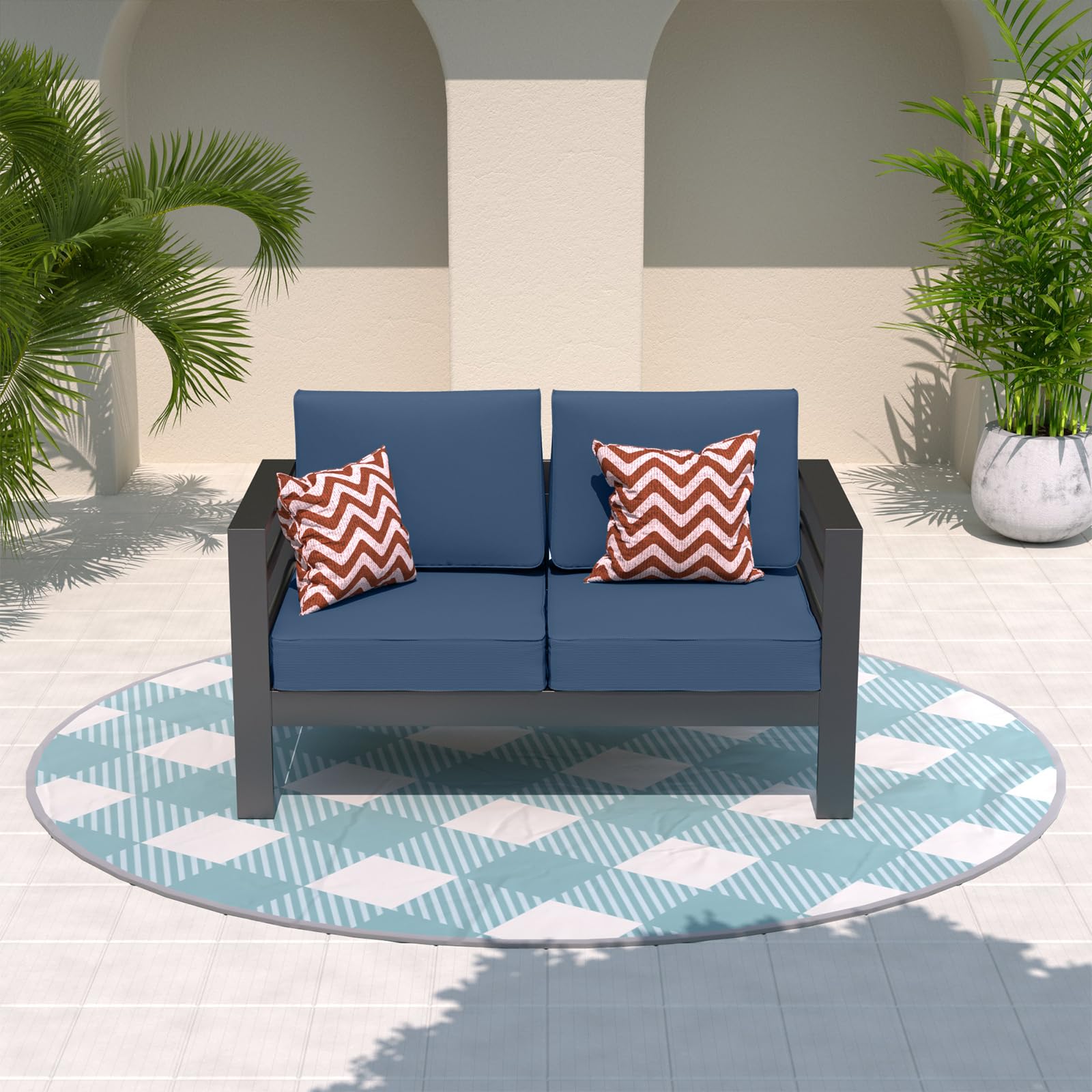 Amopatio Oversized Aluminum Patio Loveseat - All-Weather Outdoor 2-Seater Sofa with 5-Inch Cushions, Modern Metal Furniture in Blue & Dark Grey - Perfect for Backyard, Poolside & Garden Relaxation