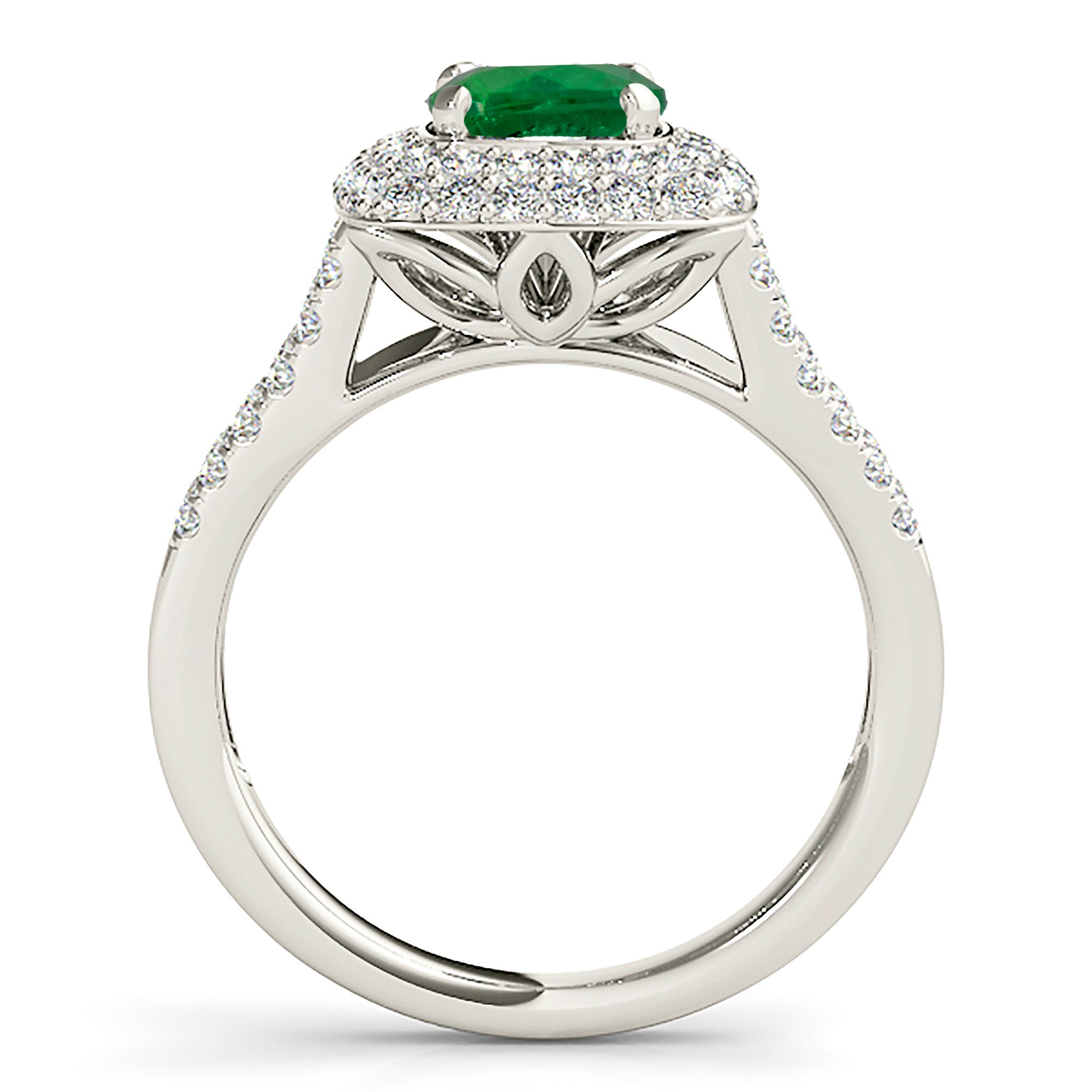 1.15 Carat Genuine Emerald Halo Ring with Wide Split Diamond Band - Elegant Engagement, Anniversary & Special Occasion Jewelry Gift