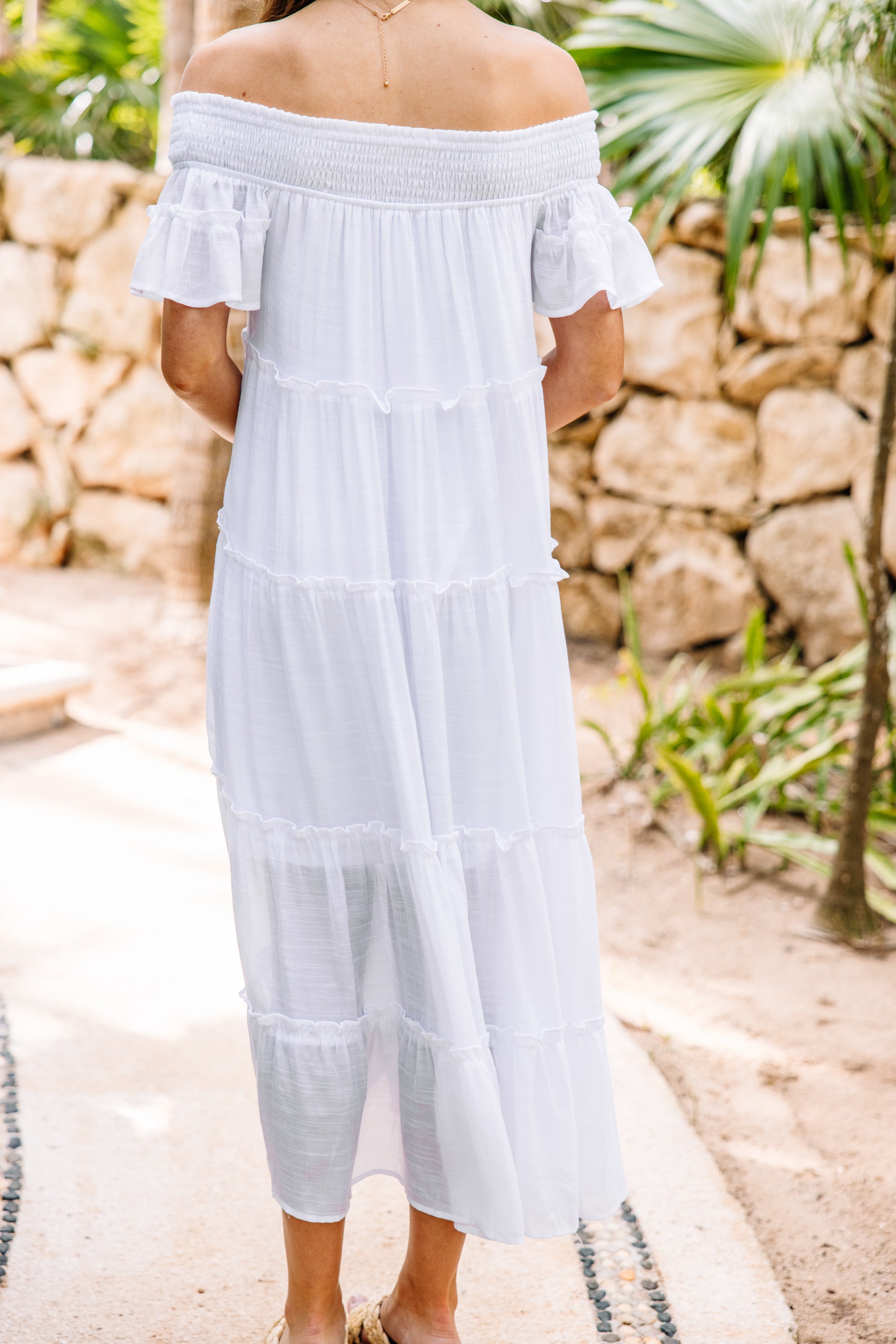 Create Your Joy White Tiered Midi Dress - Flowy Summer Dress for Women, Elegant Tea-Length Dress with Ruffles - Perfect for Weddings, Parties & Beach Vacations