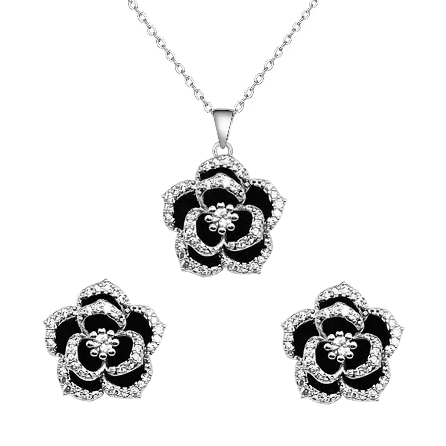 Black Rose Flower Necklace & Earrings Set - Elegant Gothic Jewelry Gift for Women - Perfect for Valentine's Day, Anniversary & Romantic Occasions