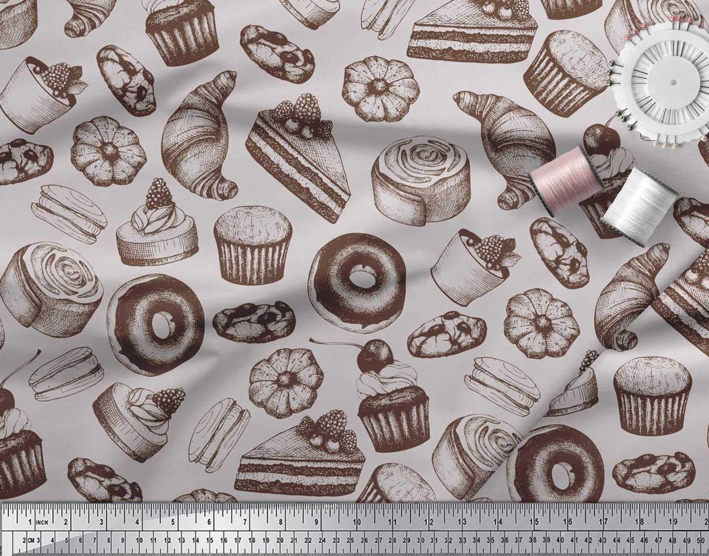 Soimoi 42 Inch Wide Polyester Crepe Grey Fabric by The Yard - Cupcake, Donut & Cookies Food Print Fabric for DIY Crafts, Quilting, Dressmaking & Home Decor Projects - Whimsical Printed Fabric for Sewing, Apparel & Creative Designs