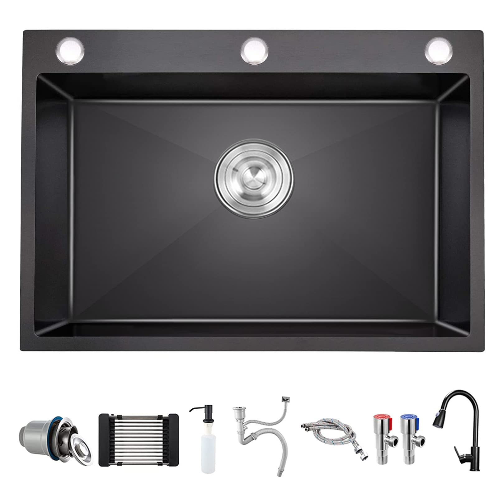 Premium 304 Stainless Steel Undermount Single Bowl Kitchen Sink with Faucet - Large Capacity, Thick Nano Black Finish - Perfect for Home Cooking, Dishwashing & Entertaining