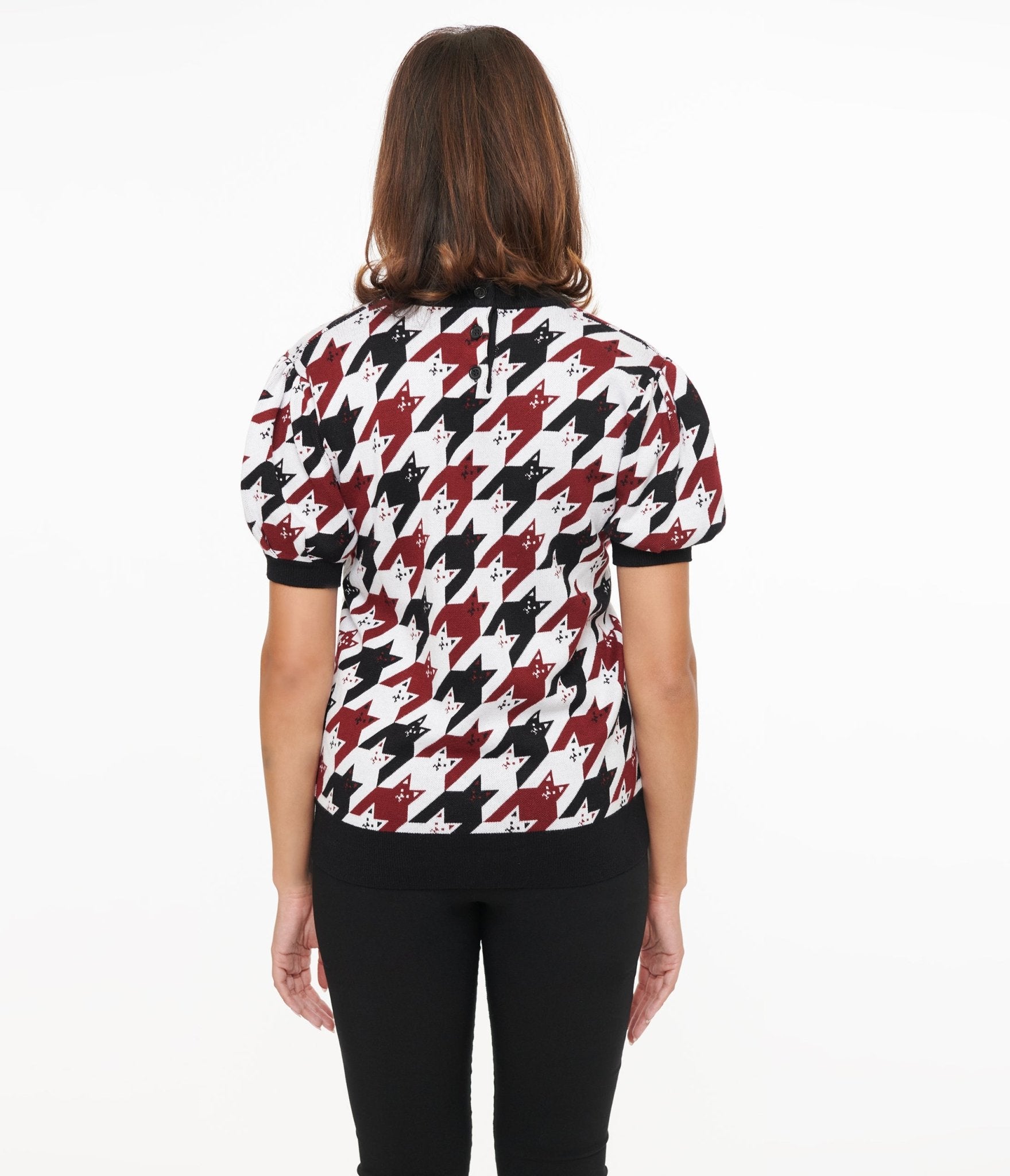 Unique Vintage Burgundy & Black Cat Houndstooth Paige Sweater | Women's Retro Knit Pullover | Perfect for Fall Fashion, Halloween Outfits & Cozy Winter Wear