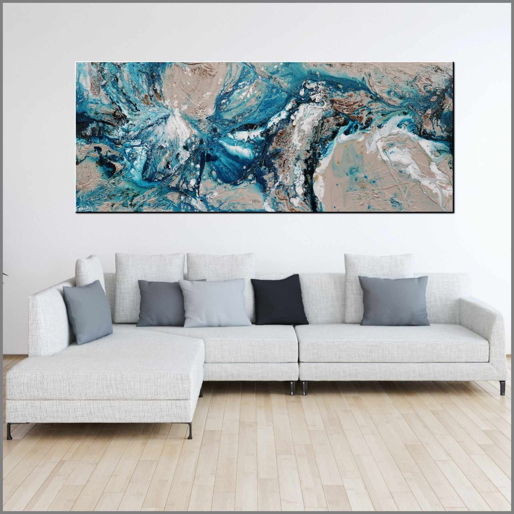 200cm x 80cm Cream Teal Textured Abstract Wall Art Painting - Honey & Teal Color Palette - Perfect for Living Room, Bedroom or Office Decor