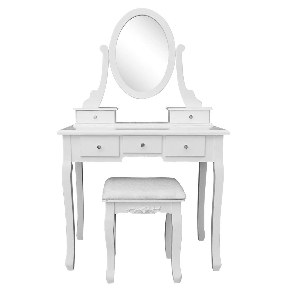 360° Rotating Vanity Mirror with 5 Drawers - White Dressing Table Set Includes Cushioned Stool & Large Storage - Perfect for Bedroom Makeup, Beauty Salon & Girls' Room Decor