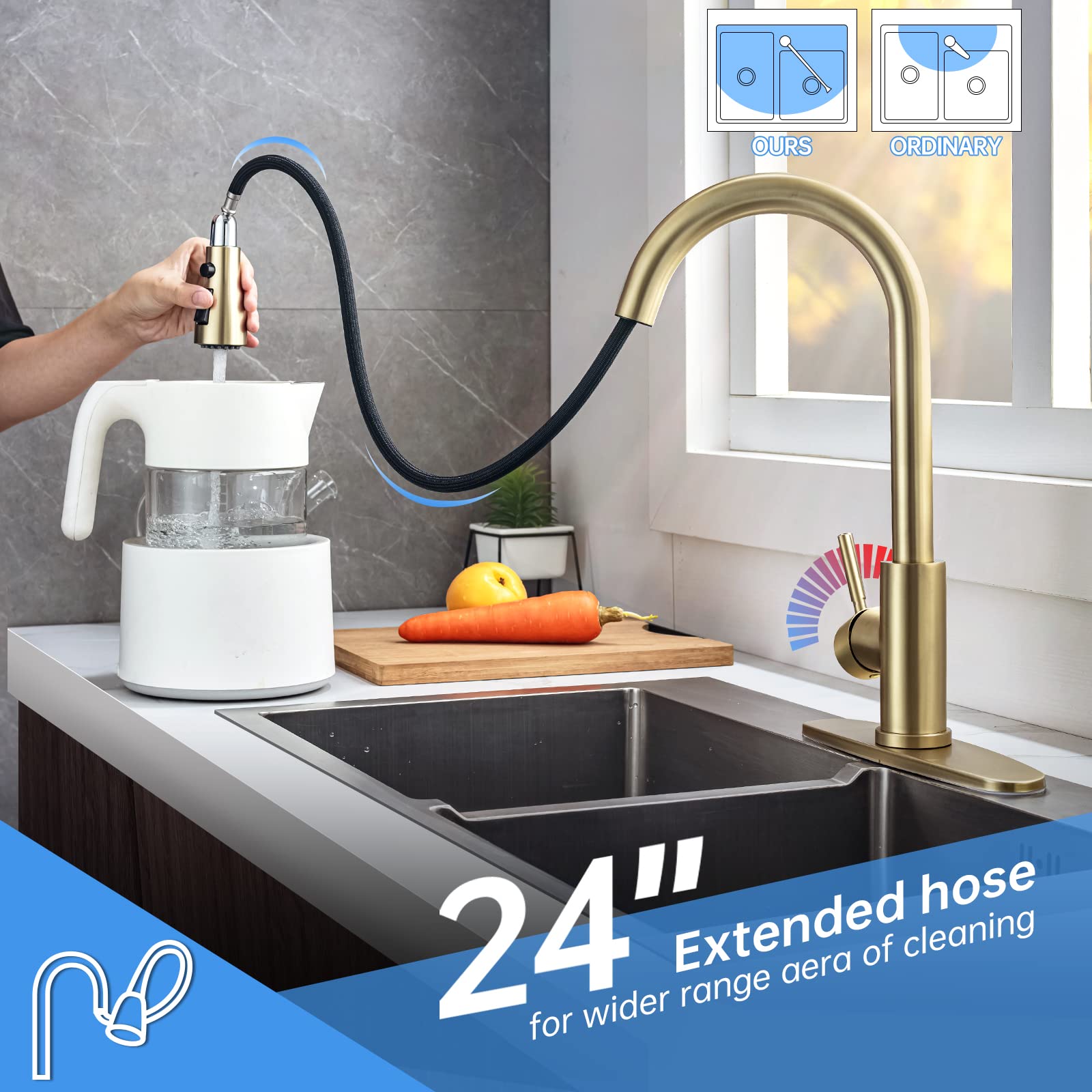 Arofa Brushed Gold Kitchen Faucet with Pull Down Sprayer - Stainless Steel Single Handle Brass Faucet for Sink - Champagne Bronze Finish with Deck Plate - Perfect for RV, Farmhouse, Bar & Laundry Sinks - Ideal for Modern Kitchens & Home Renovations