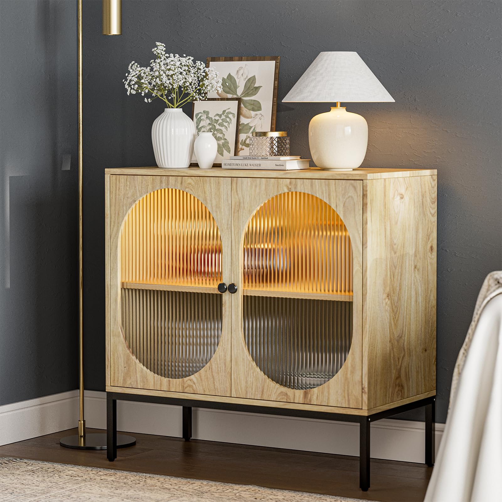 IKIFLY Modern Glass Storage Cabinet with LED Lights - Adjustable Shelves Sideboard Buffet Cabinet for Kitchen, Dining Room, Entryway & Living Room - Perfect for Displaying China, Glassware & Home Decor