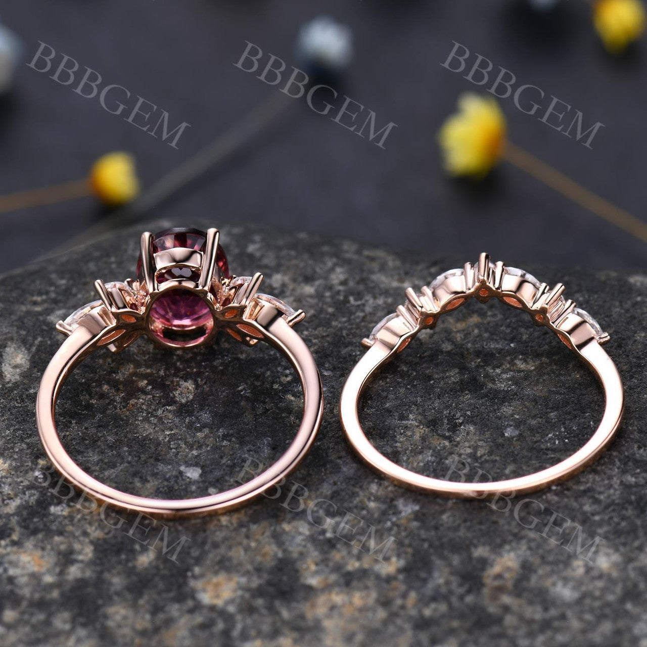 Art Deco 6x8mm Oval Cut Natural Pink Tourmaline & Moissanite Engagement Ring Set with Wedding Band - Perfect for Proposals, Anniversaries & Bridal Jewelry