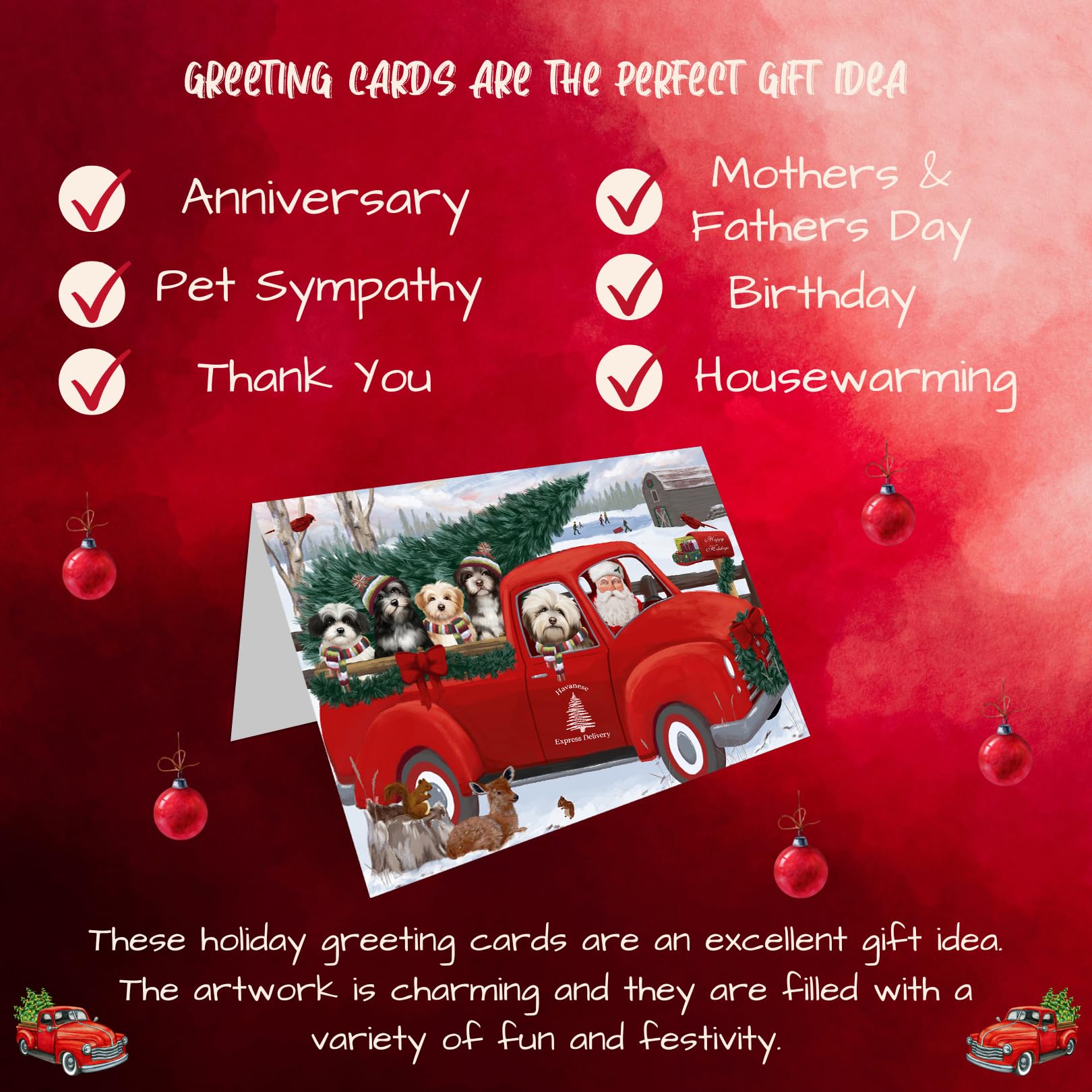 Christmas Santa Express Delivery Red Truck Havanese Dog Greeting Cards - 10 Adorable Pet Invitation Cards with Envelopes - Festive Pet Artwork Holiday Cards GCD68957 for Dog Lovers & Christmas Celebrations