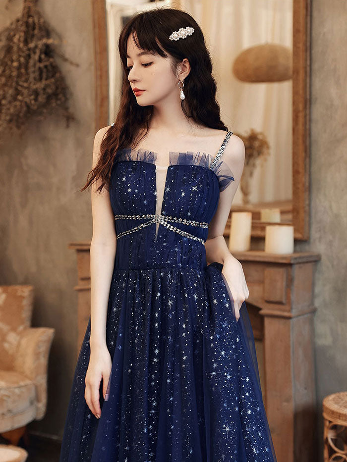 Elegant Blue Tulle A-Line Sequin Long Prom Dress for Women | Formal Evening Gown for Homecoming, Ball, and Special Occasions