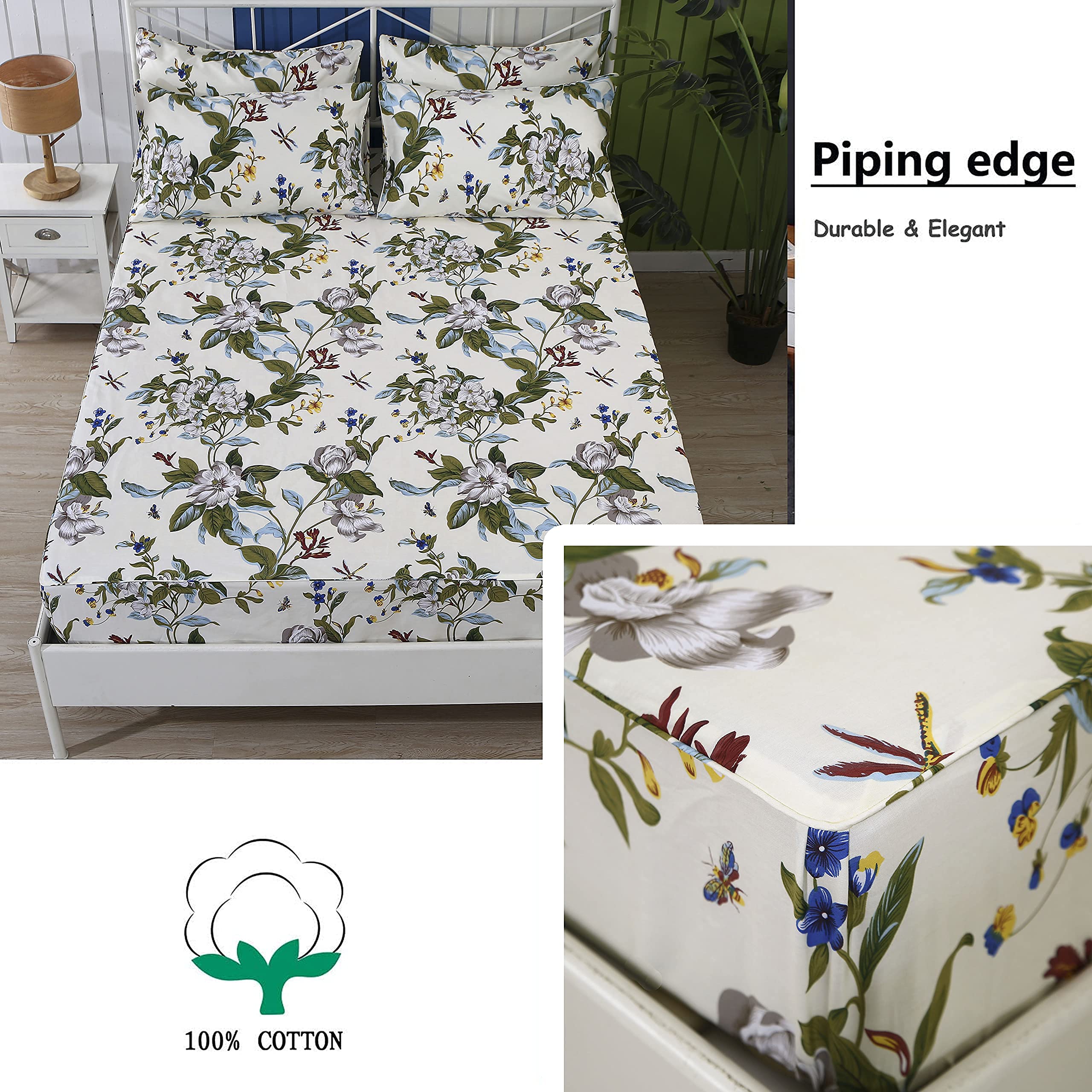FADFAY 100% Cotton Floral Duvet Cover Set - Green Beige Striped Shabby Chic Queen Size Bedding with Deep Pocket Sheets (7-Piece Set) for Cozy Bedroom Decor & Guest Room Makeover