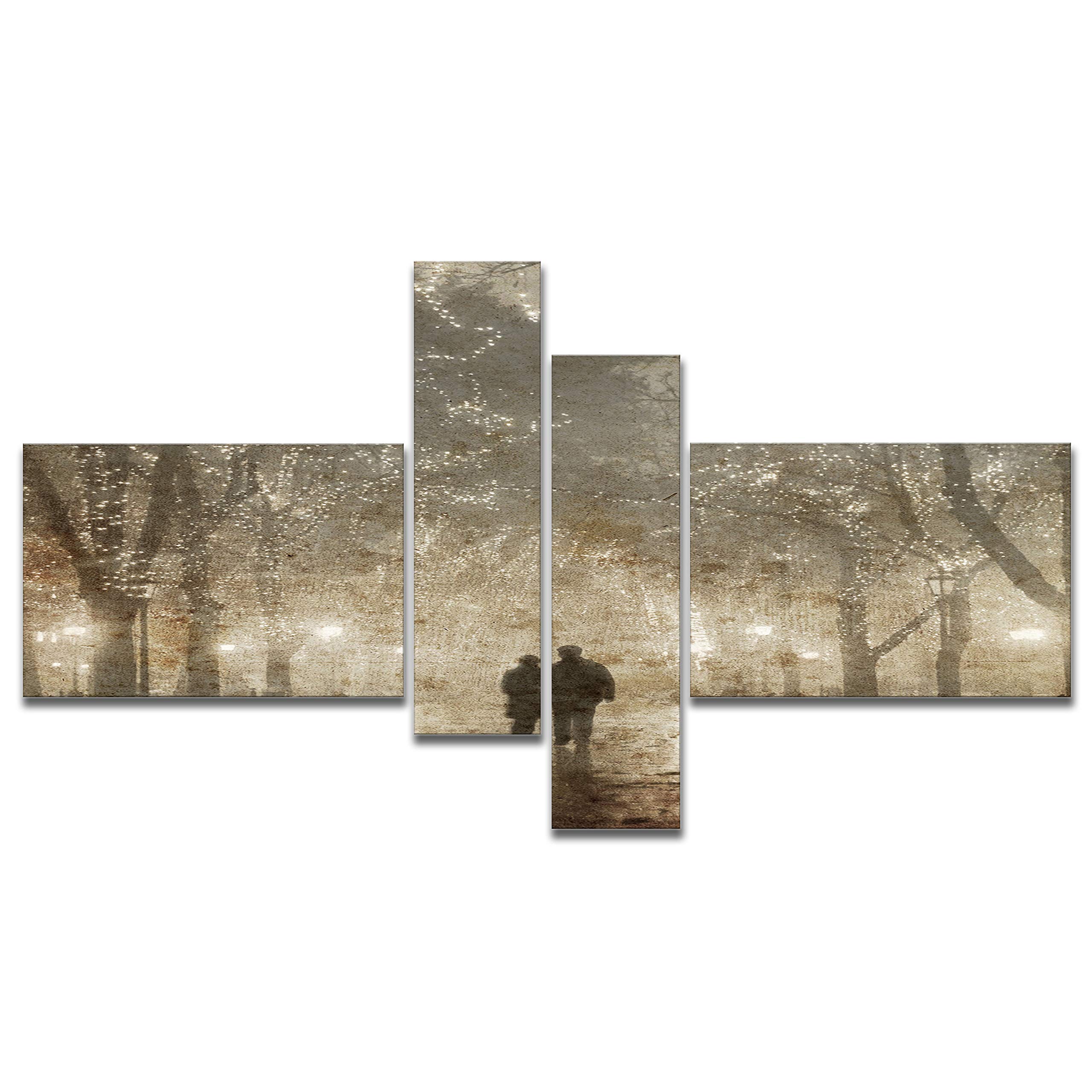 Romantic Couple Walking Under Night Lights - Landscape Photography Canvas Wall Art for Living Room & Bedroom Decor