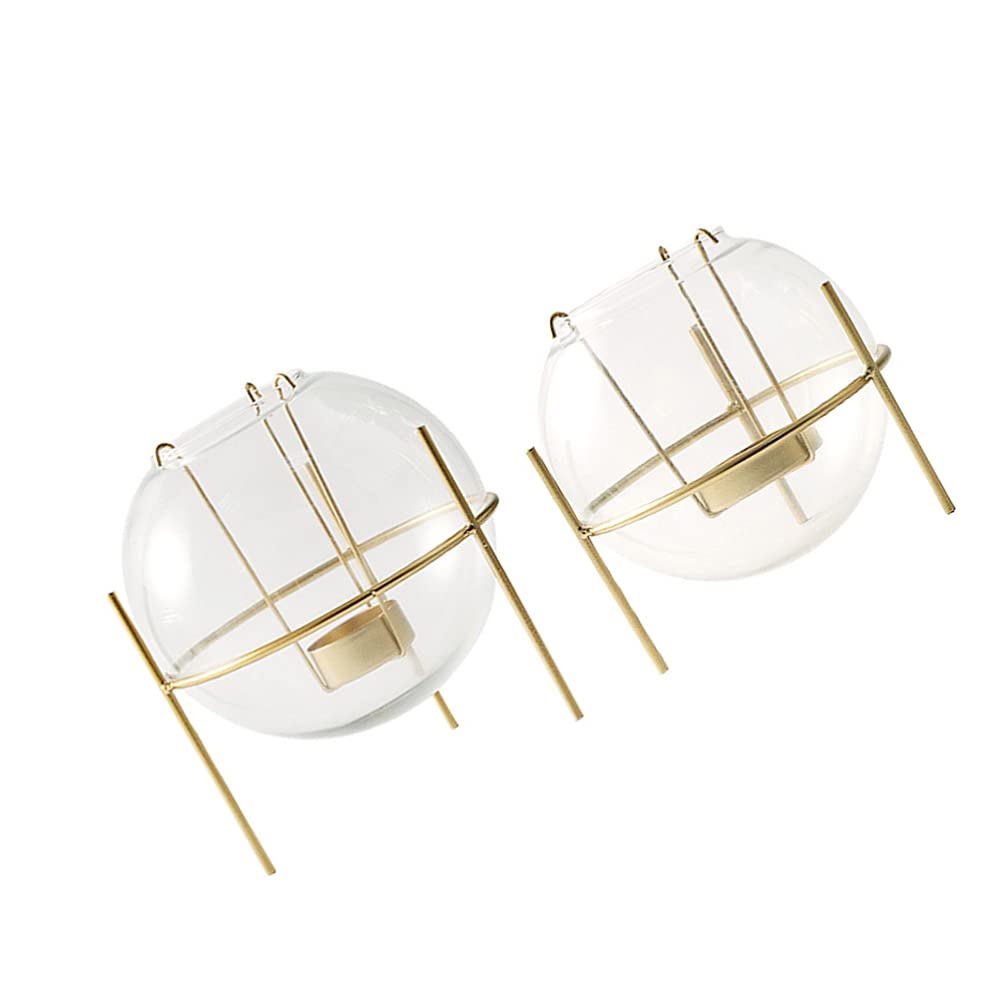 NUOBESTY 2 Pack Golden Metal Candle Holders with Glass Ball - Elegant Tea Light Candle Stand for Wedding, Home Decor, Party Centerpiece - Perfect for Romantic Dinners, Holiday Decorations & Gift Giving