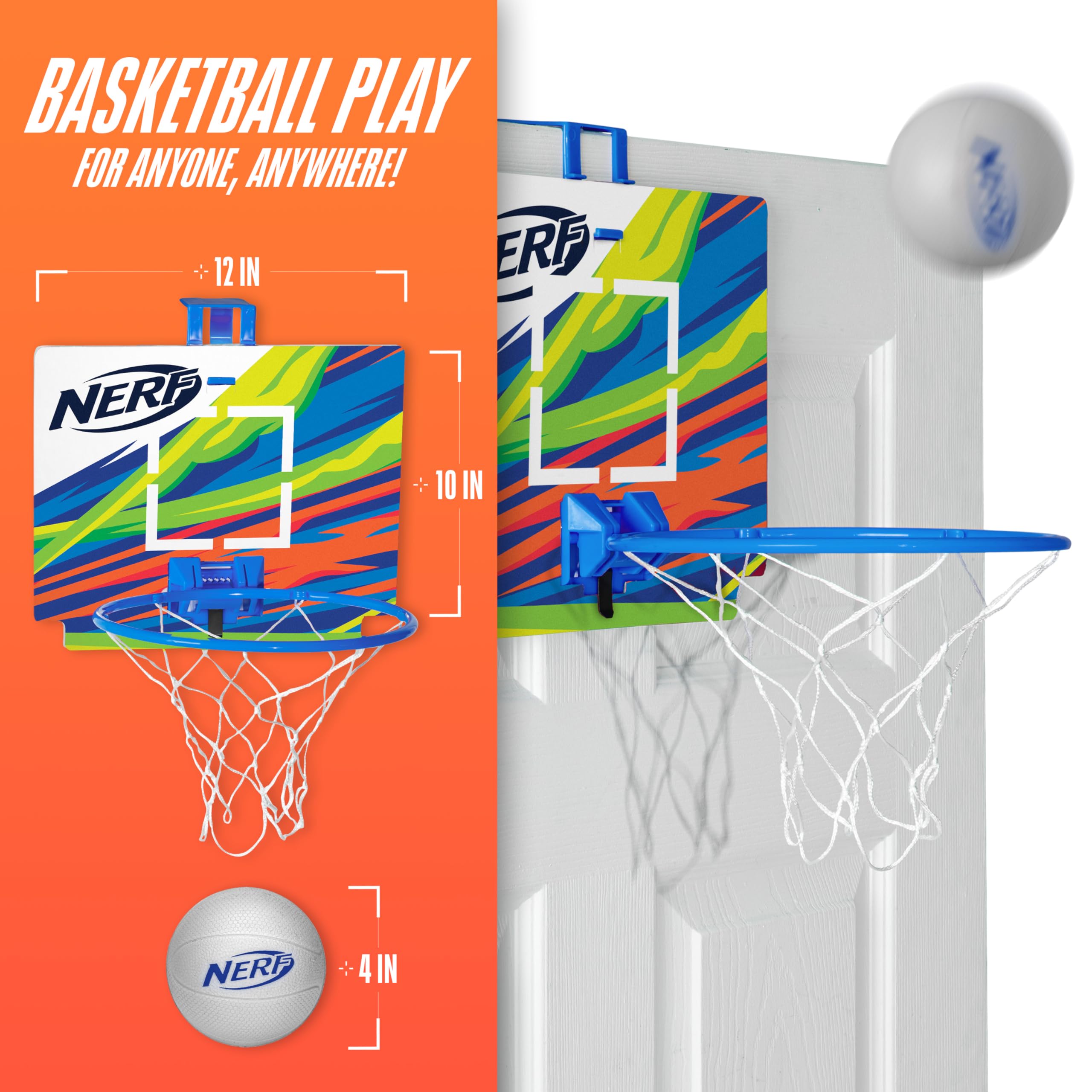 Nerf Mini Over The Door Basketball Hoop Set - Indoor Basketball Game for Kids with Mini Foam Ball - Fun Bedroom & Playroom Toy for Boys & Girls - Perfect for Indoor Sports & Active Play (Blue)