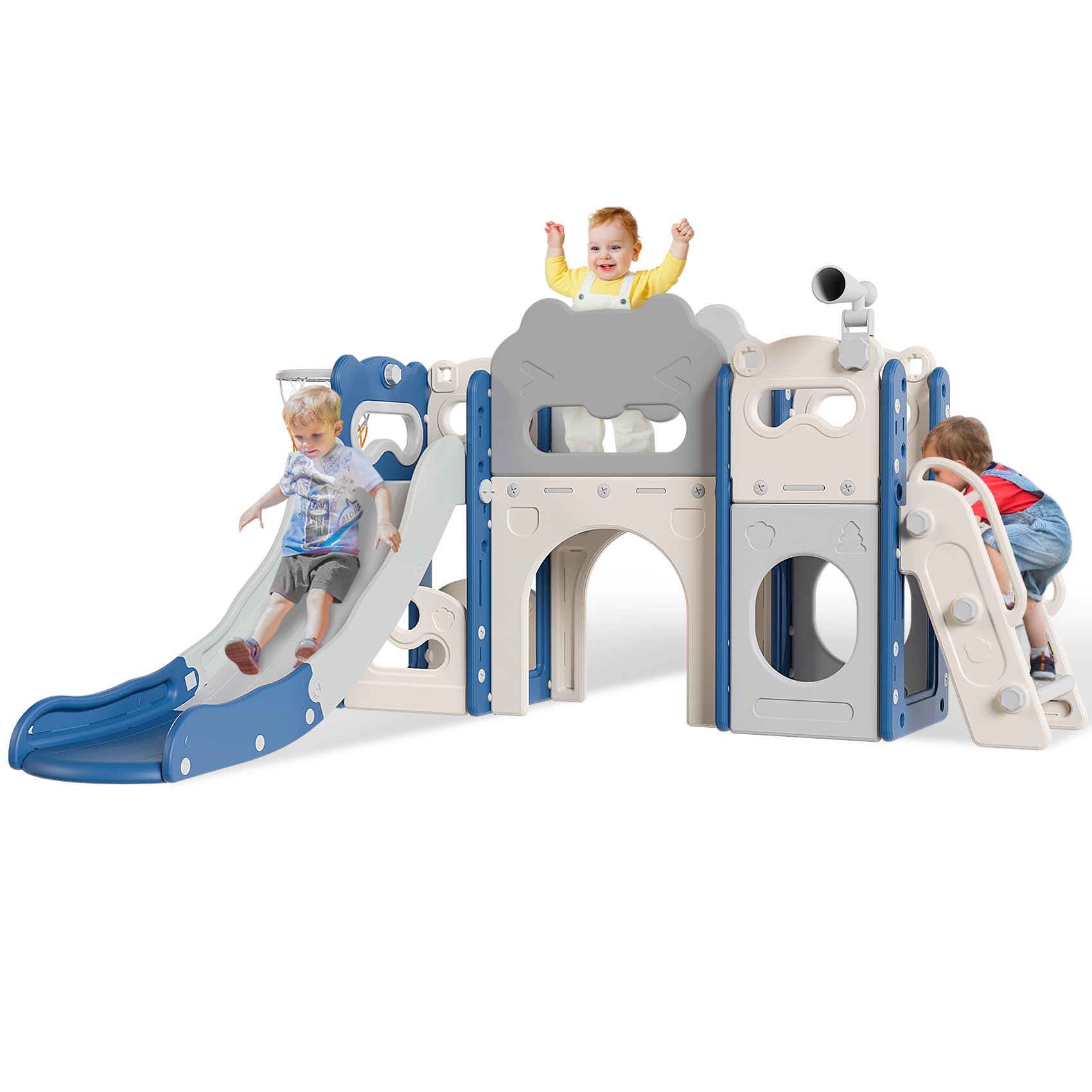 **Babytronic 8-in-1 Toddler Slide Set for Kids Ages 1-3 – Indoor & Outdoor Playground with Basketball Hoop & Telescope – Blue & Gray Baby Slide for Home, Backyard, Daycare & Playroom Fun**