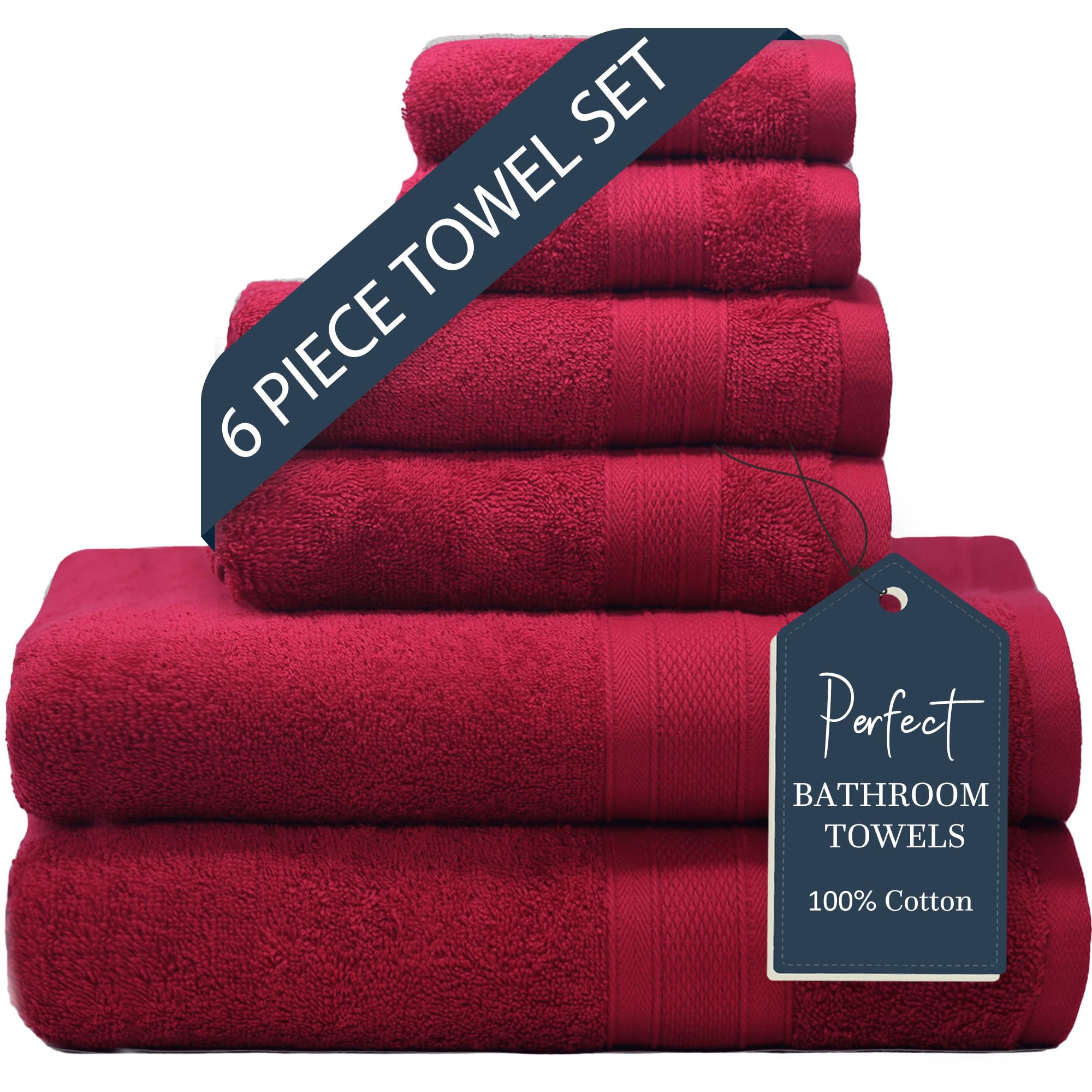 Premium 6-Piece Luxury Bath Towel Set - 2 Bath Towels, 2 Hand Towels & 2 Washcloths - 100% Ring-Spun Cotton Soft Towels for Spa, Bathroom & Guest Use - Christmas Red Holiday Collection - Perfect for Gifts & Home Decor