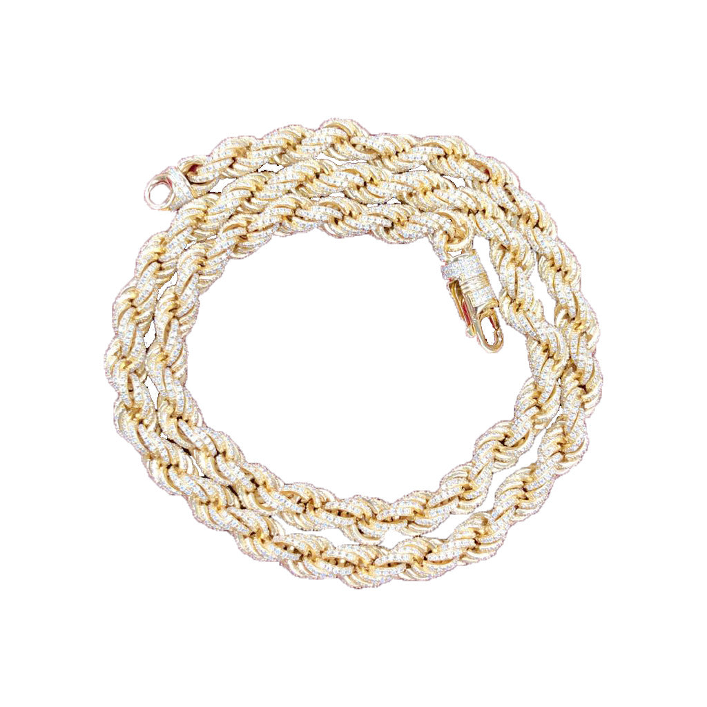 14K Gold Plated Rope Chain Necklace with 15.75Ct VVS Moissanite - 7mm Width, 20 Inch Length - Elegant Jewelry for Women, Perfect for Weddings, Parties & Special Occasions