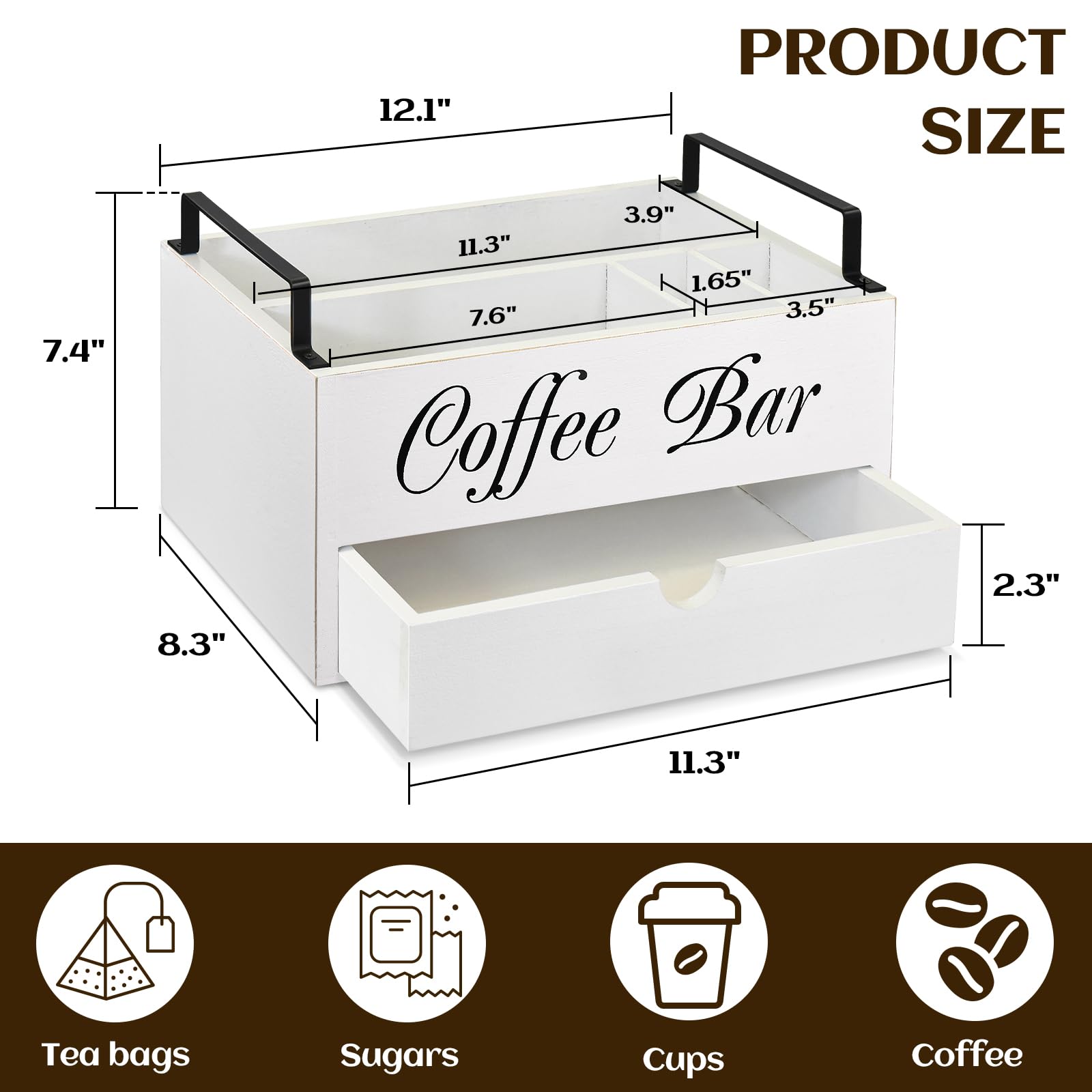 Wooden Coffee Bar Organizer with Handle & Drawer - K-Cup Storage Basket, Coffee Pod Holder & Condiment Organizer - Farmhouse-Style Countertop Coffee Station for Home, Office & Kitchen Decor