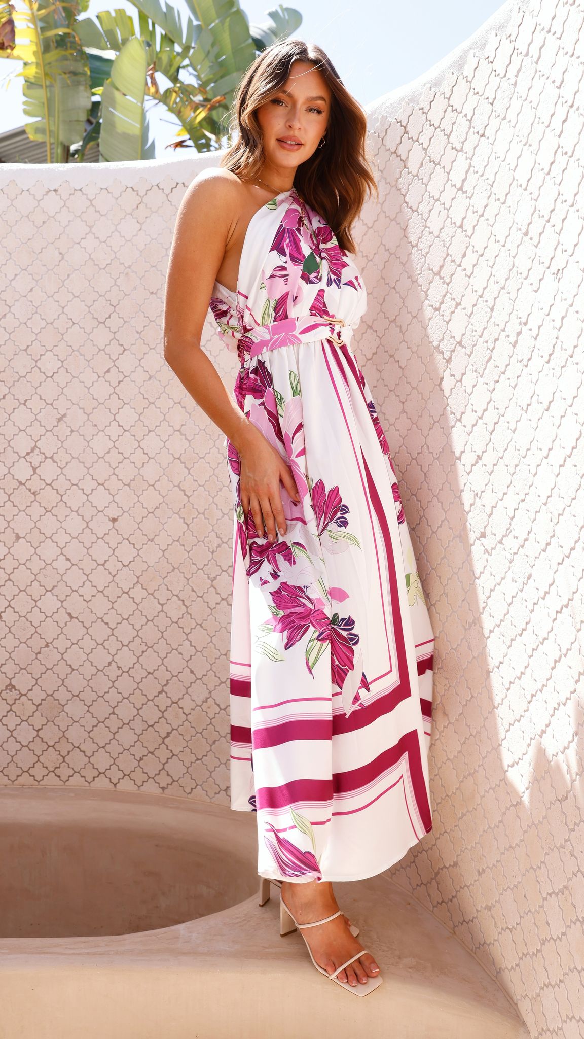 Hadas Maxi Dress for Women - Pink & White Floral Print Summer Beach Dress | Boho Flowy Long Dress for Vacation, Party & Outdoor Events
