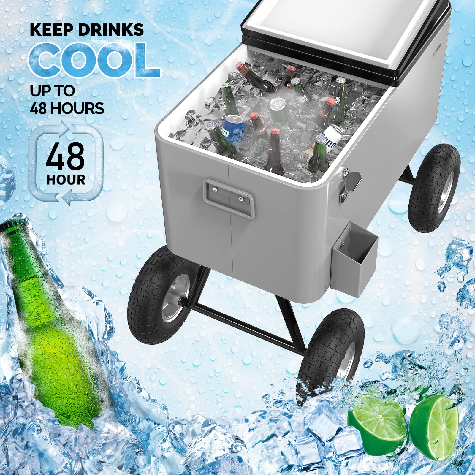 VINGLI 80 Quart Rolling Cooler with Wheels - Portable Ice Chest for Beach, Camping, Tailgating & Outdoor Parties - Heavy Duty Wagon Cooler with Long Handle & 10
