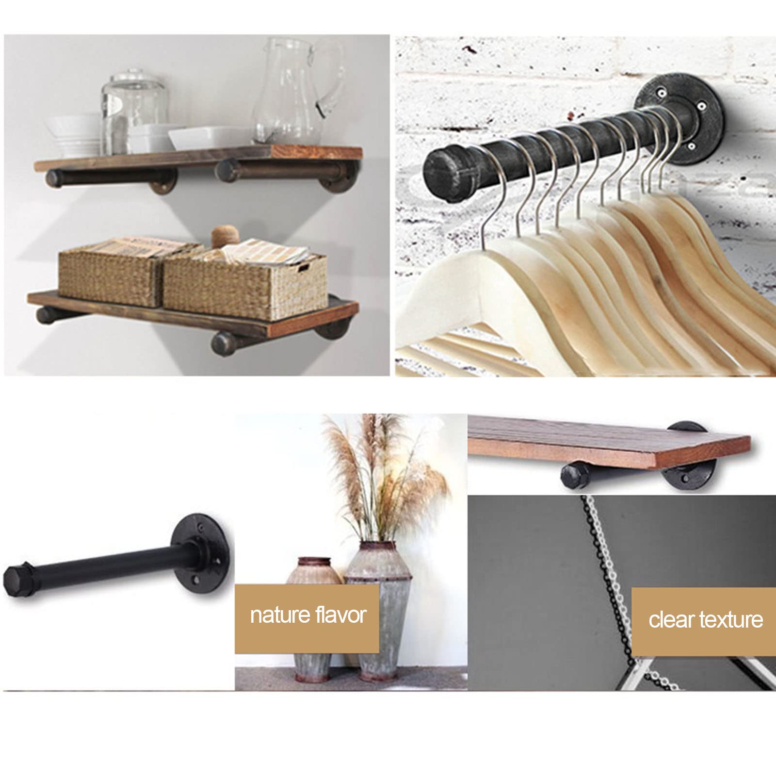 Black Solid Steel Pipe Shelf Bracket - Heavy Duty Floating Shelf Supports for Wood Shelves - Rustic Industrial Pipe Decor - Perfect for Living Room, Kitchen, Bedroom & Home Office Organization