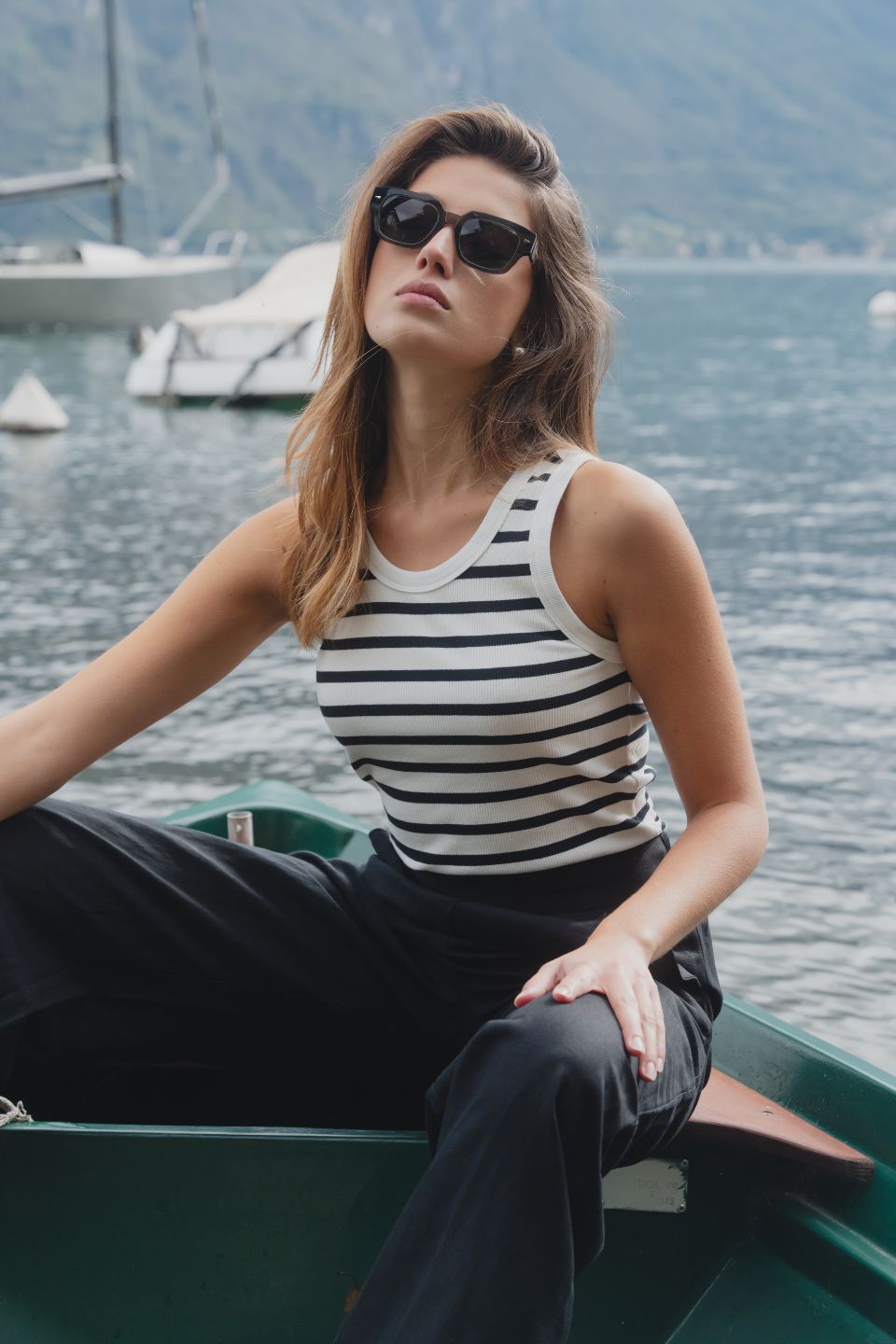 Cobble White & Black Stripe Rib Cutaway Tank Top for Women - Casual Summer T-Shirt for Outfits, Beach, and Layering