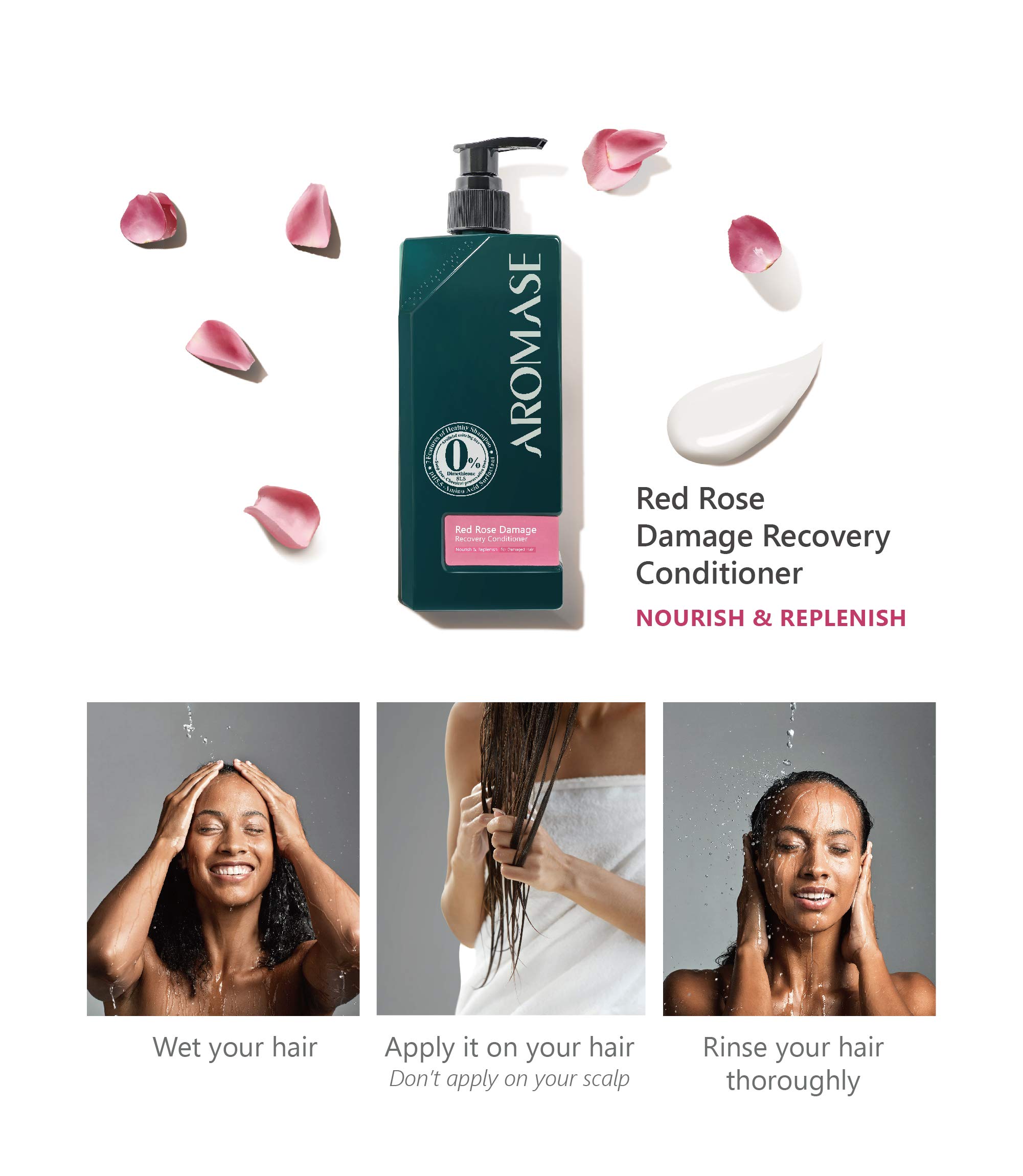 Aromase Red Rose Damage Recovery Conditioner with Damask Rose Oil & Jojoba Oil - Detangles Frizzy Hair, Deep Hydrates & Strengthens Hair with Linolenic Acid - Clean Rinse Formula for Dry, Damaged Hair - Perfect for Daily Use & Post-Coloring Treatment