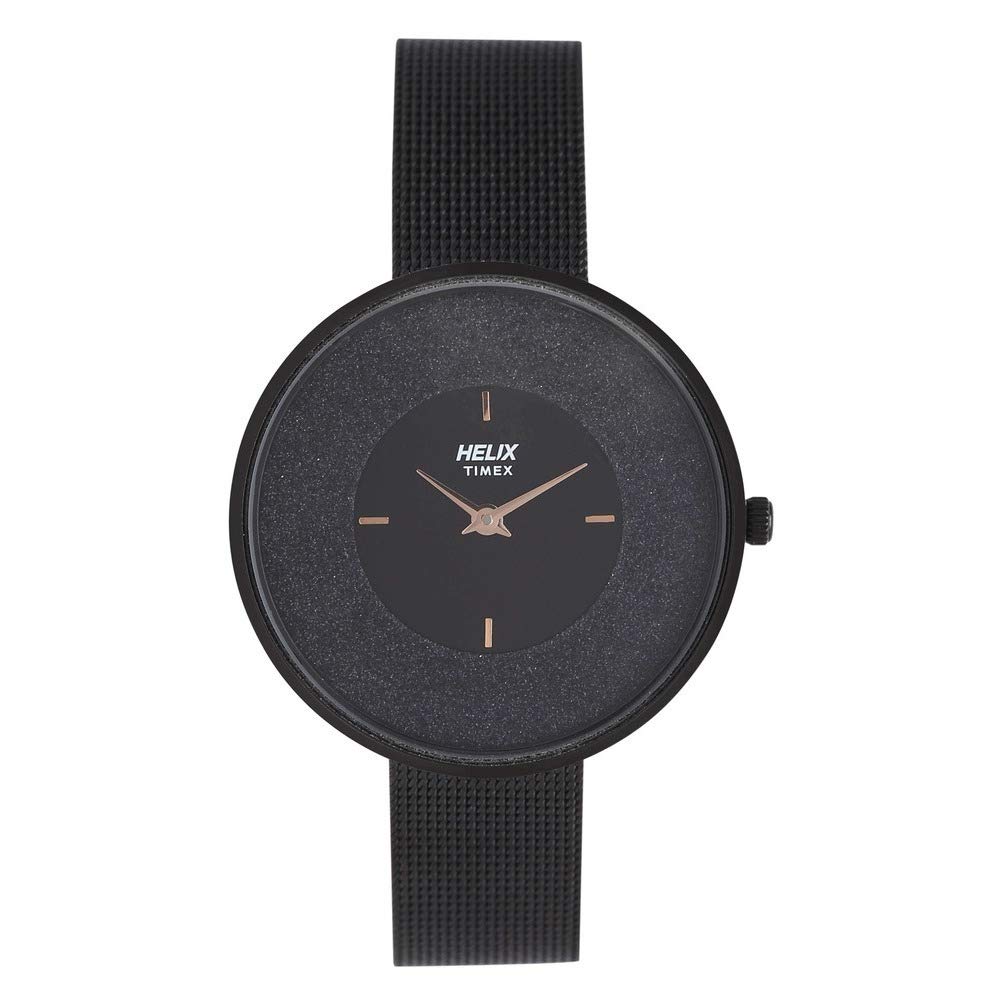 Timex Helix Black Round Analog Watch for Women - Quartz Movement, Stainless Steel Mesh Band, 30m Water Resistant - Perfect for Work, Casual Wear & Gift Giving TW031HL10