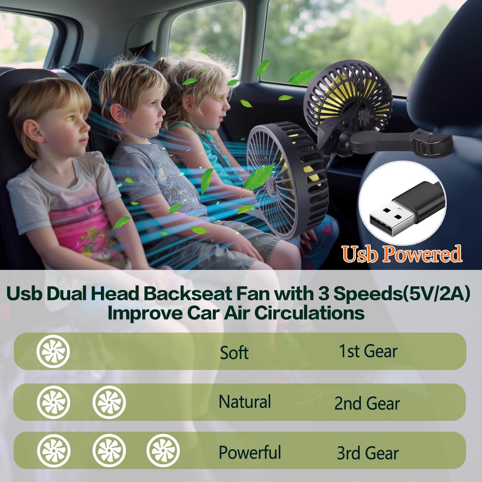 Dual Head USB Car Backseat Fan for Kids - Keep Cool on Road Trips