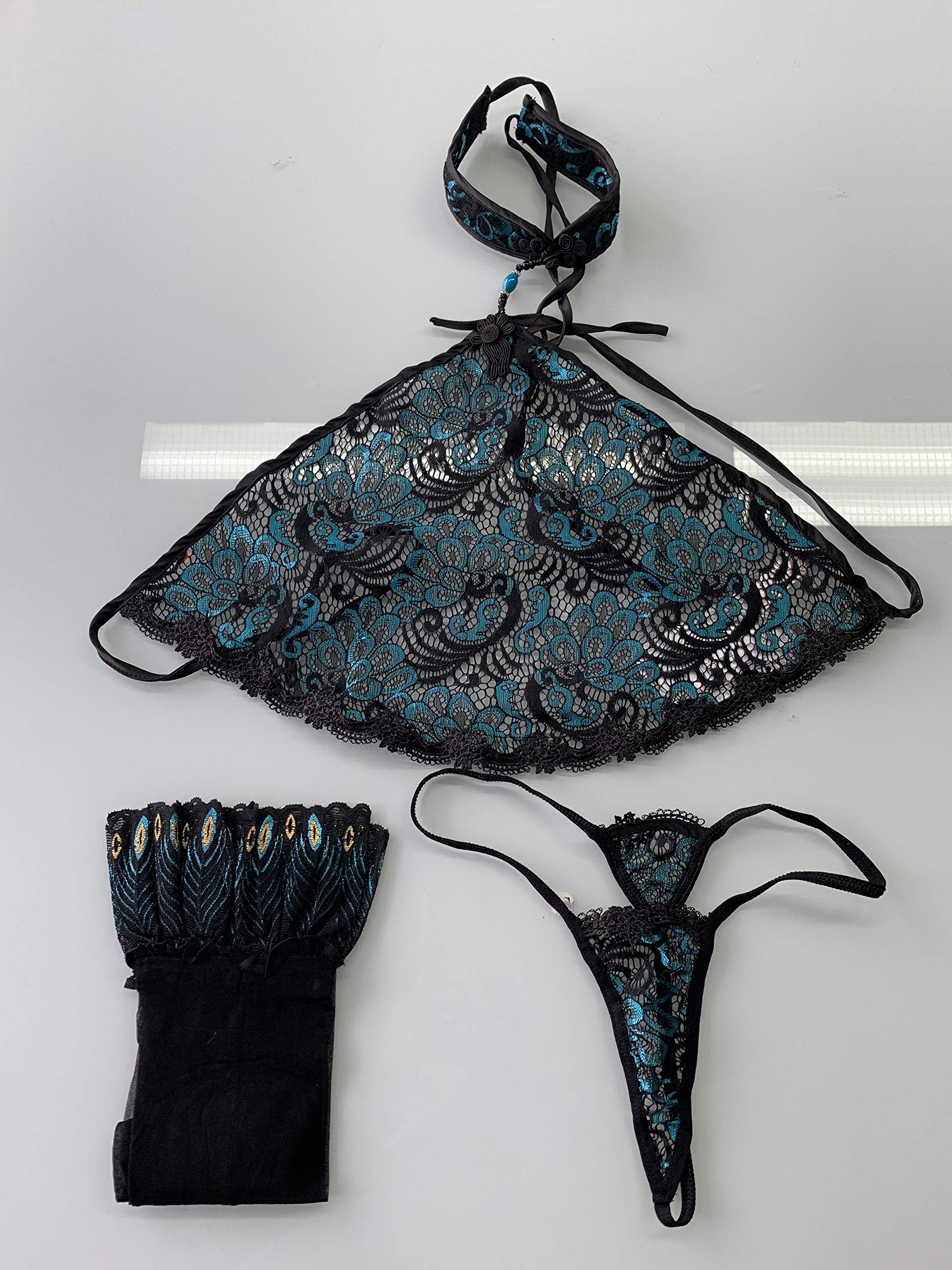 Vintage Peacock Feather Lingerie Set for Women - Sexy Apron, Stockings & Panties in Blue | Burlesque, Cosplay & Boudoir Photography Outfit