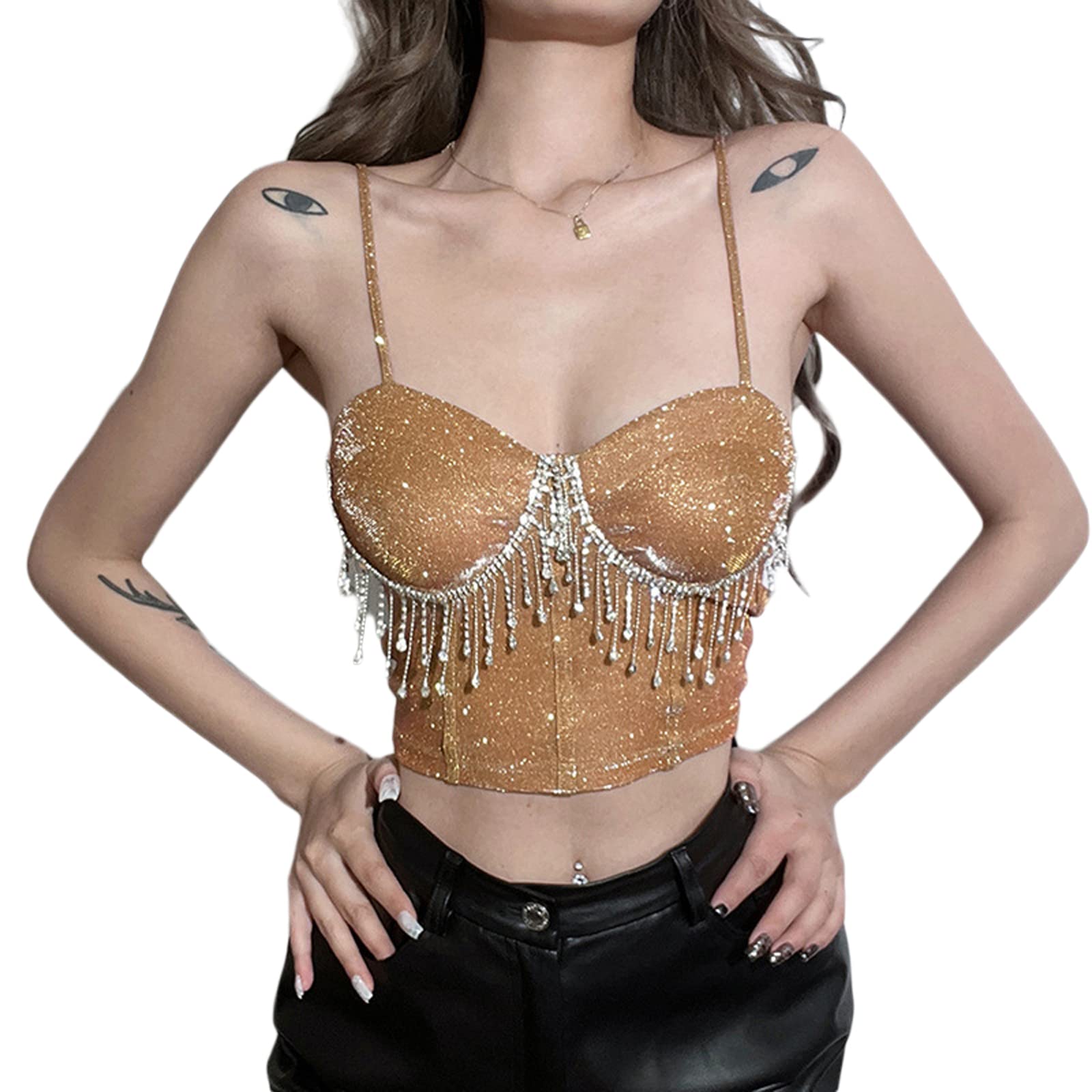 Women's Rhinestone Crop Top with Tassels - Shiny Spaghetti Strap Corset Top | Sleeveless Push Up Bustier for Bodycon Outfits | Perfect for Nightclubs, Parties & Date Nights