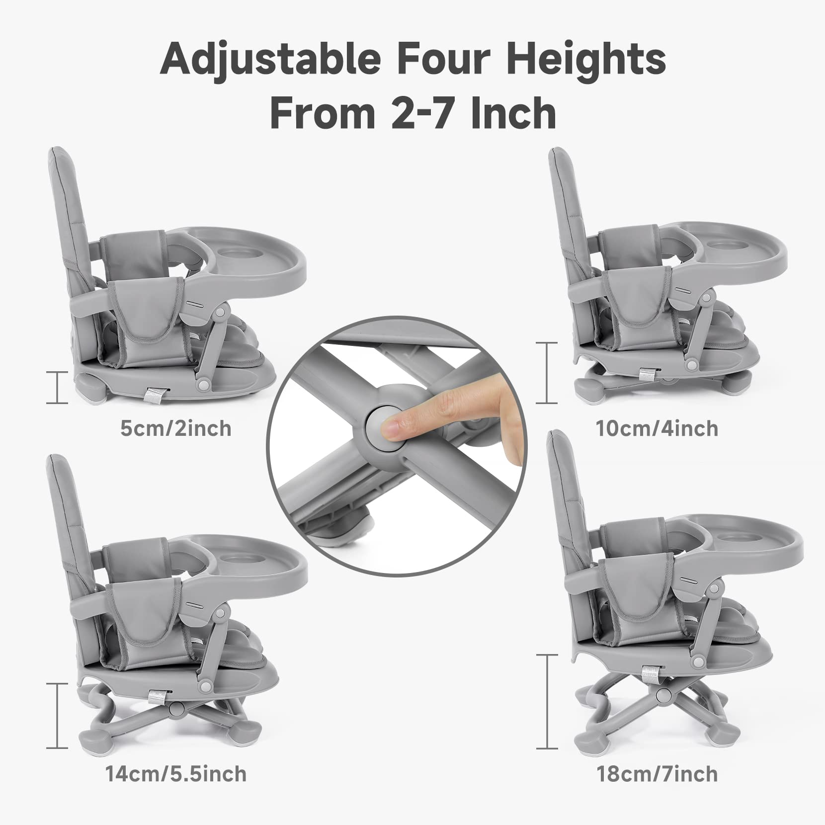 YOLEO Adjustable Baby High Chair Booster Seat for Dining Table - Portable Toddler Travel High Chair with Removable Tray & Washable Cushion - Foldable Design for Home & Restaurant Use (Grey)