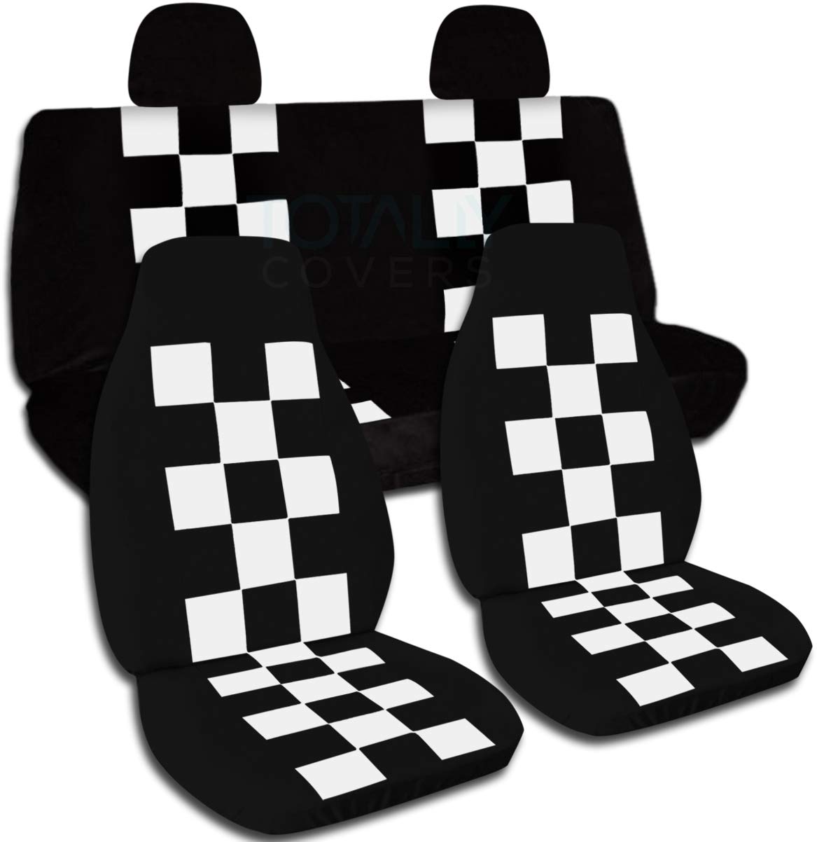 Black & White Checkered Car Seat Covers Full Set with 2 Rear Headrest Covers - Semi-Custom Fit for Any Car, Truck, Van, RV or SUV - 21 Color Options - Perfect for Road Trips, Daily Commutes and Vehicle Protection