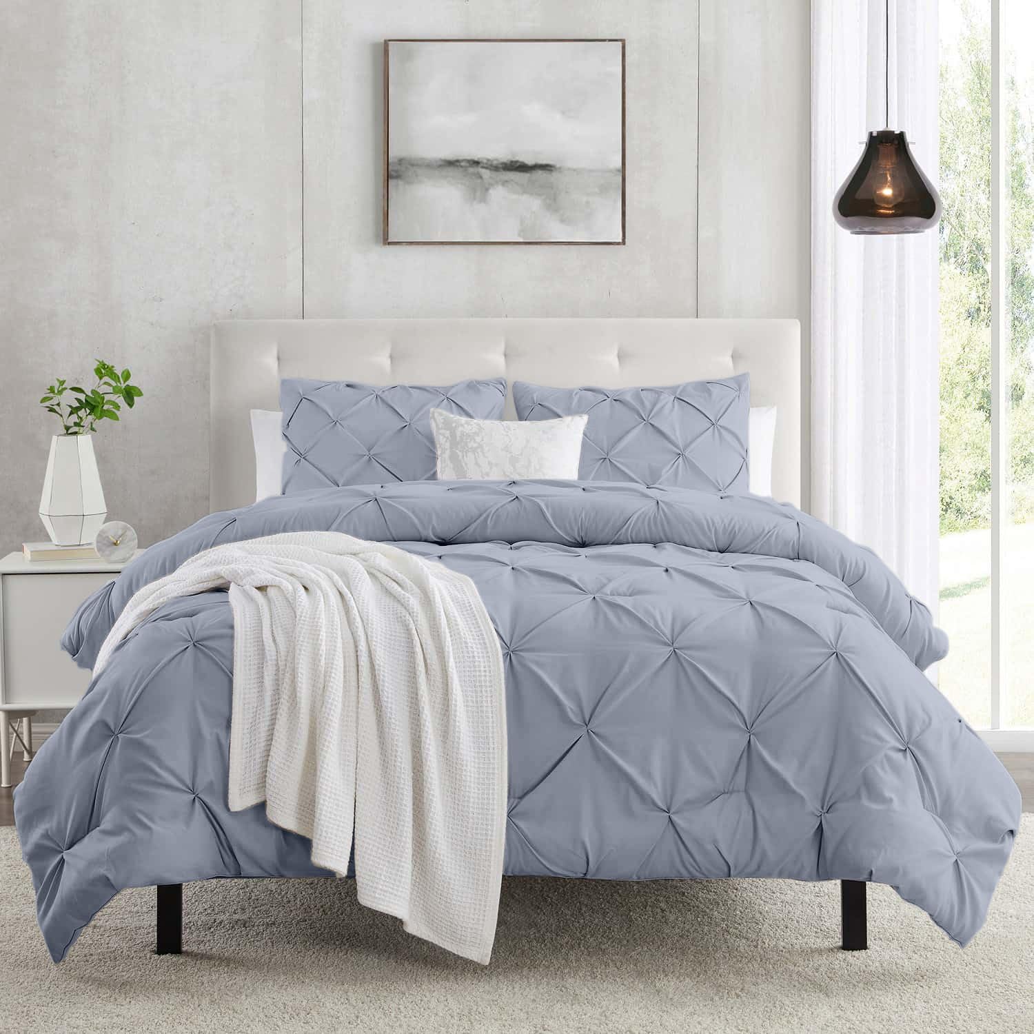Ice Blue Twin Size Duvet Cover Set - 2 Piece Pintuck Comforter Cover with Button Closure (68x90 inches) & Pillow Sham - Ultra Soft Microfiber Bedding for Kids, Teens & Guest Rooms - Pinch Pleated Design for Modern Bedrooms